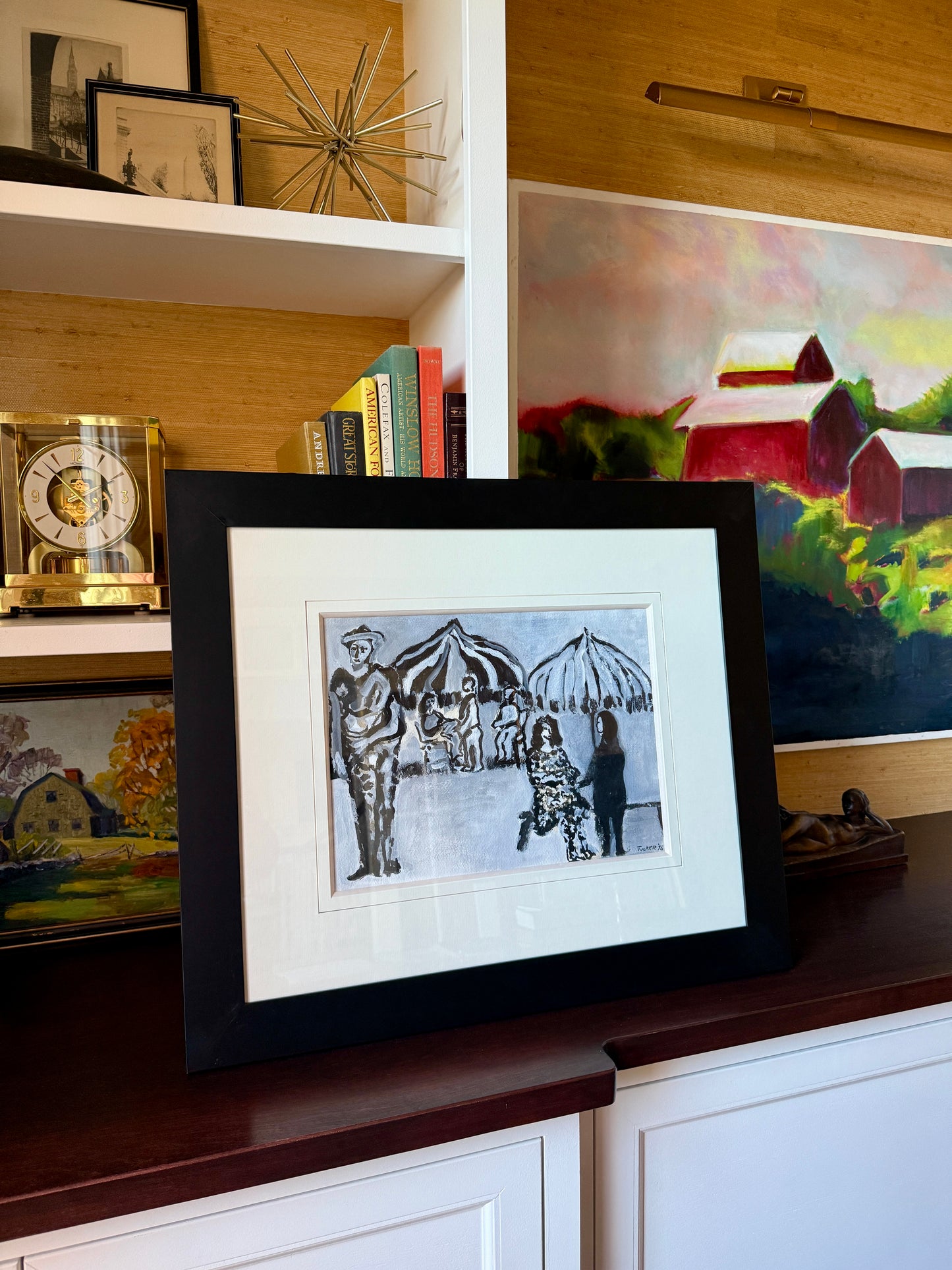 Richard Derby Tucker Figural Abstract Tonal Ink and Watercolor Group Portrait in Black Frame