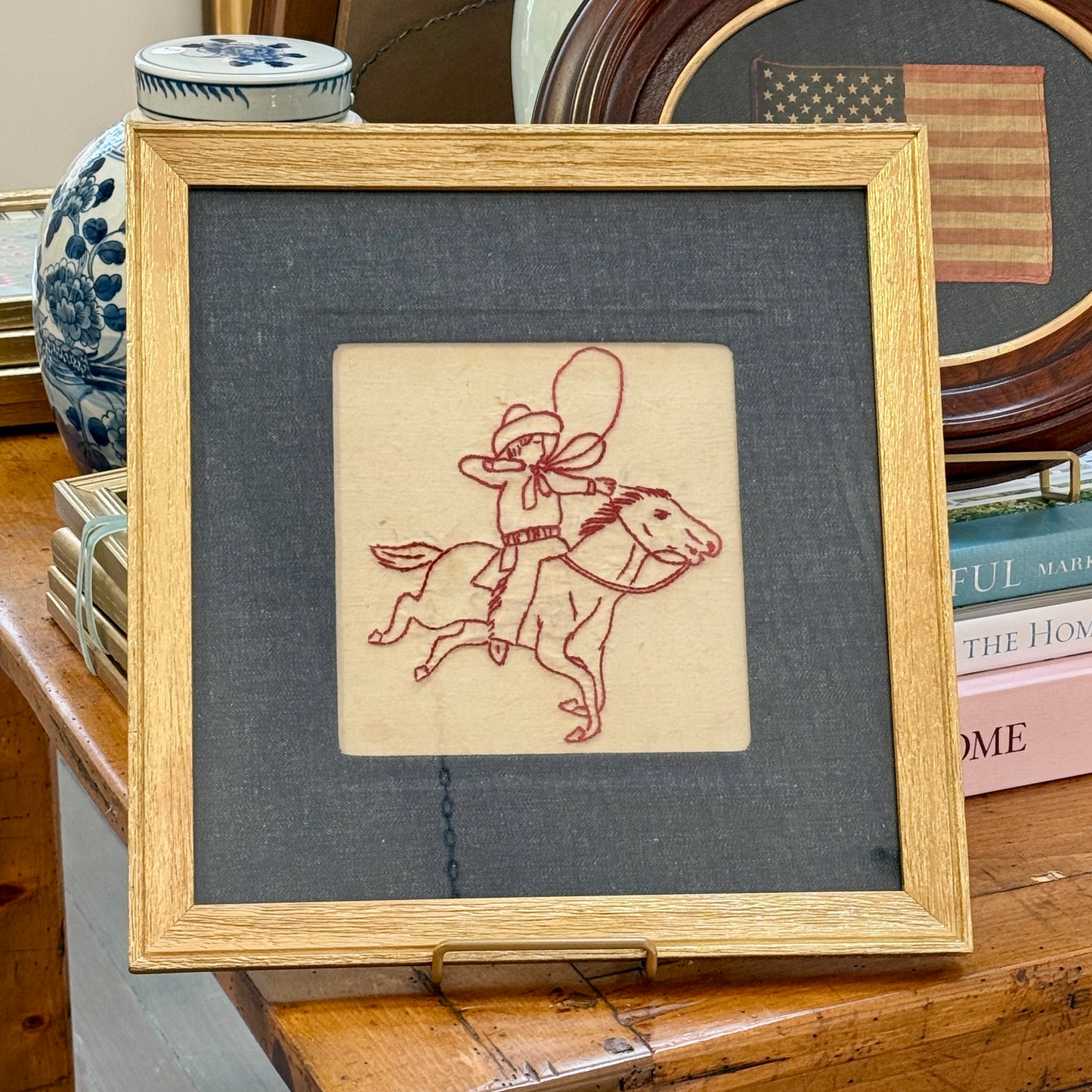 Early 20th Century Horse and Cowboy Redwork Embroidery on Dark Chambray in Wood Frame