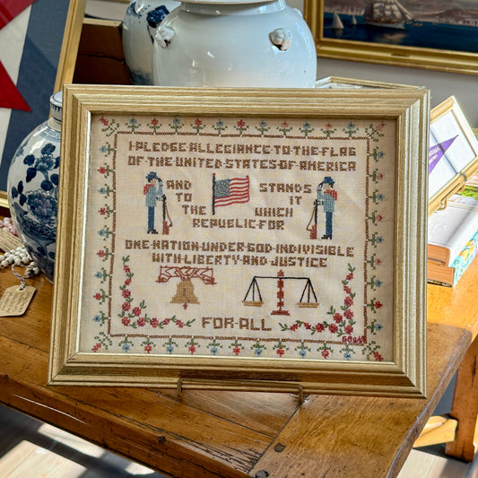 1959 Americana Pledge of Allegiance Cross Stitch Embroidery in Gold Frame