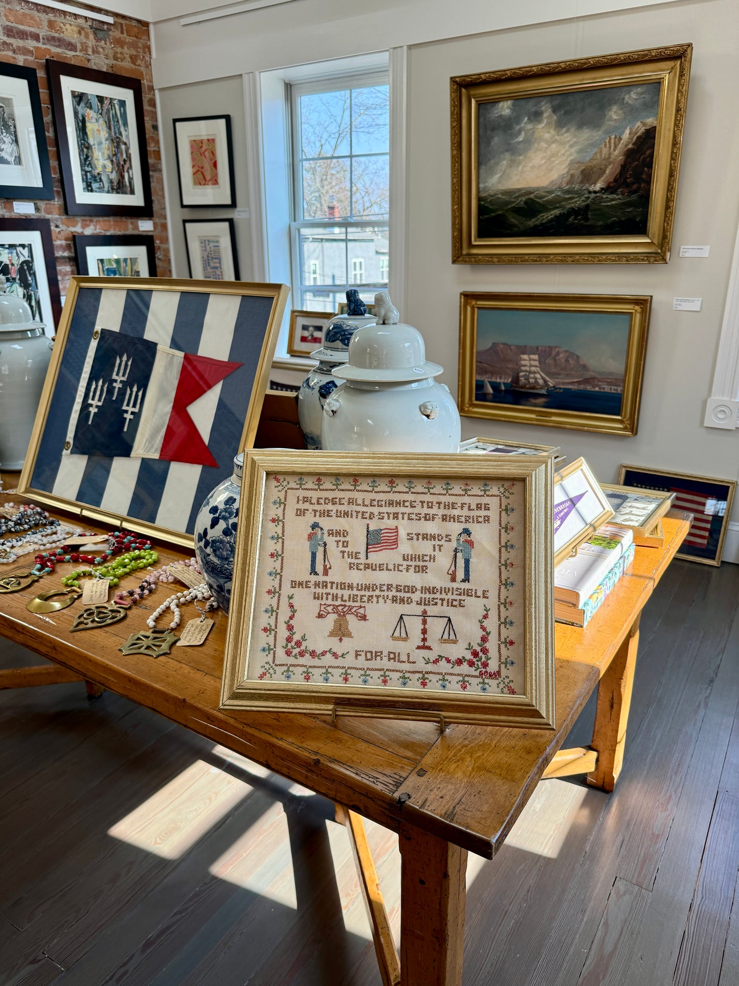 1959 Americana Pledge of Allegiance Cross Stitch Embroidery in Gold Frame