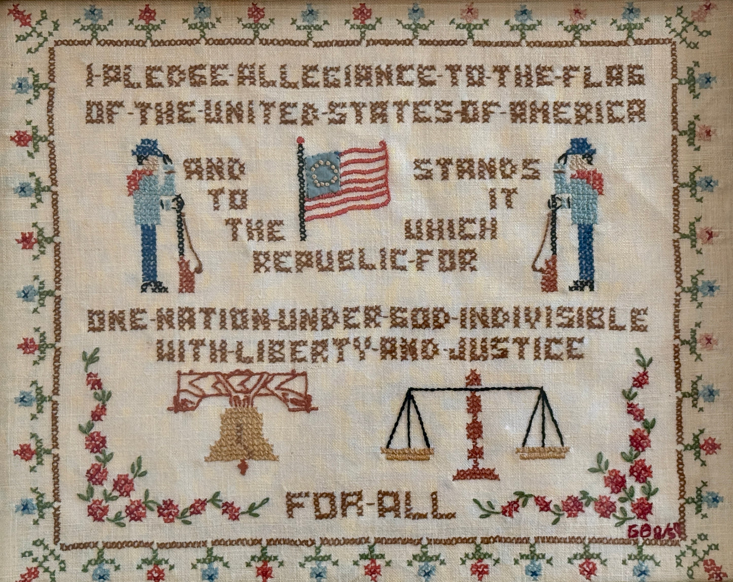 1959 Americana Pledge of Allegiance Cross Stitch Embroidery in Gold Frame