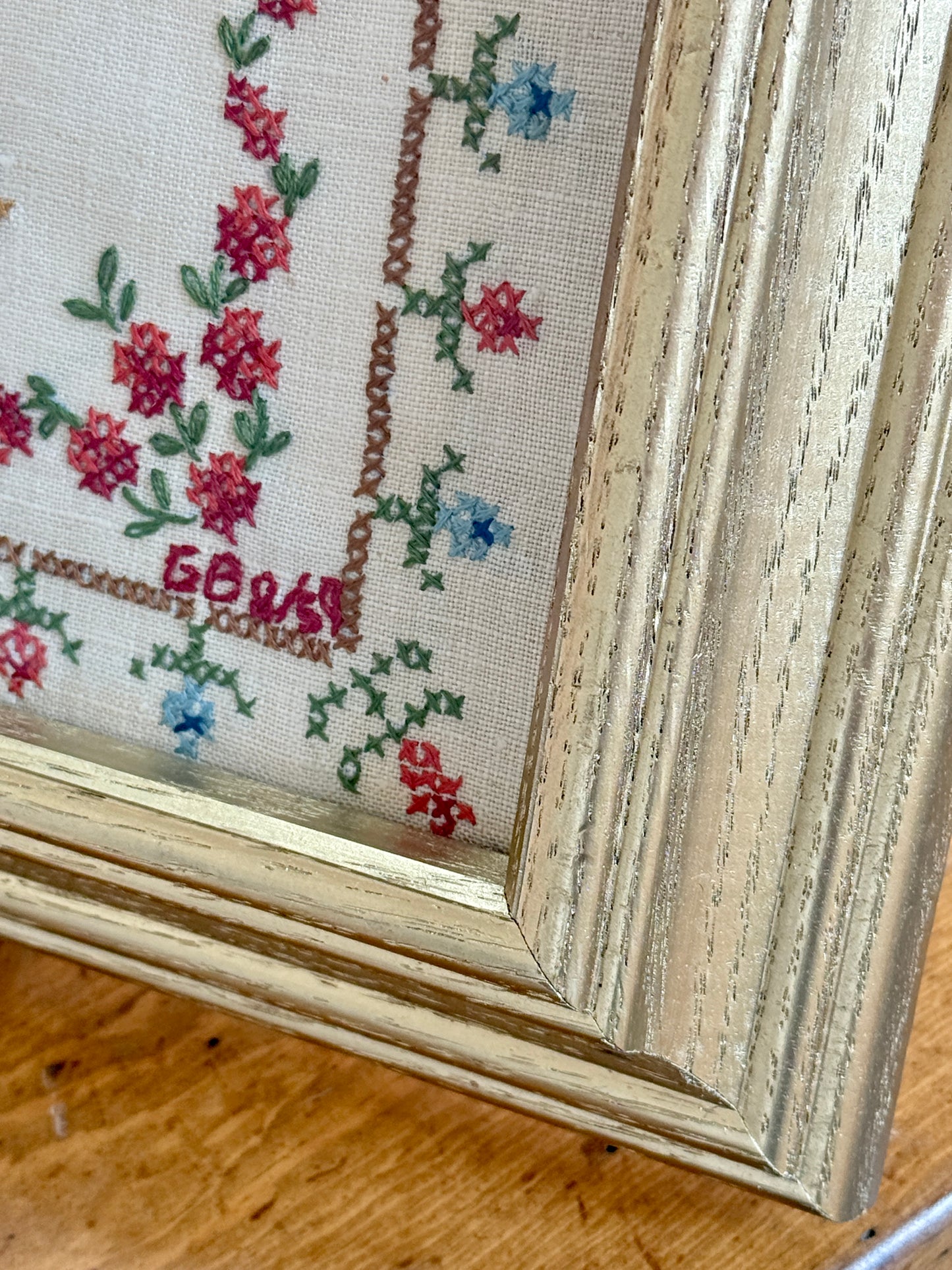1959 Americana Pledge of Allegiance Cross Stitch Embroidery in Gold Frame