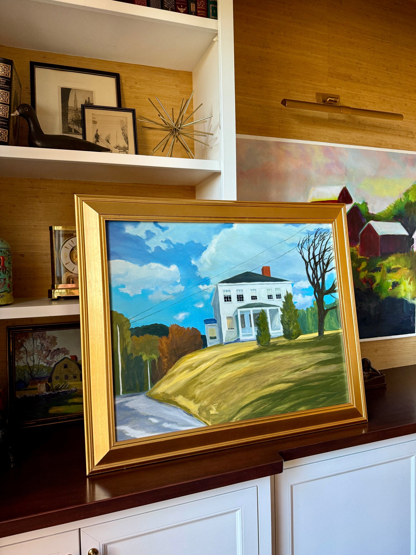 Eugene Horne March Wind White House Oil Painting in Gold Frame