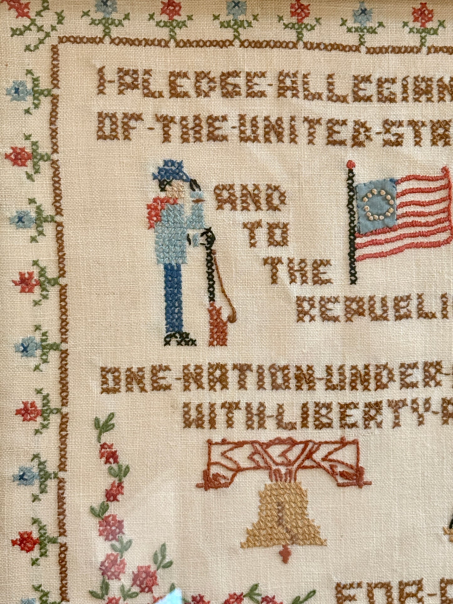 1959 Americana Pledge of Allegiance Cross Stitch Embroidery in Gold Frame