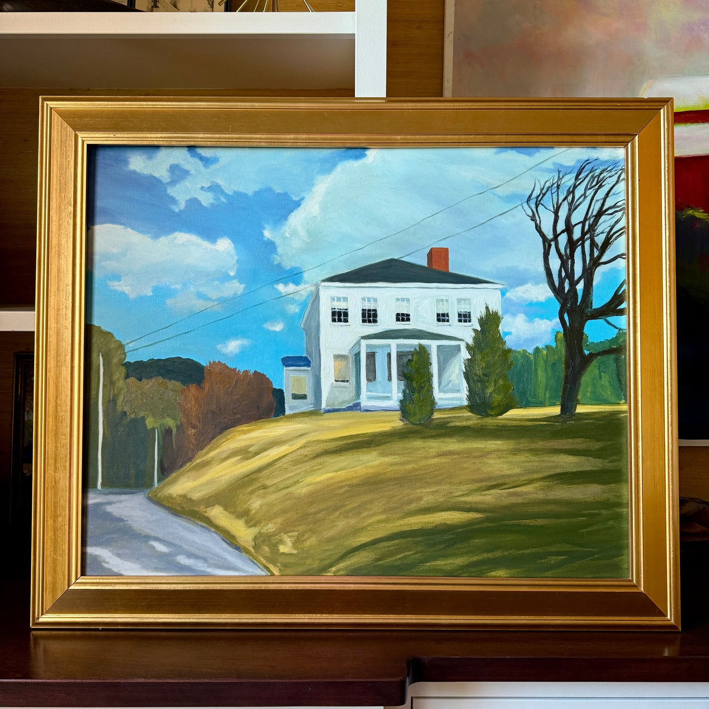 Eugene Horne March Wind White House Oil Painting in Gold Frame