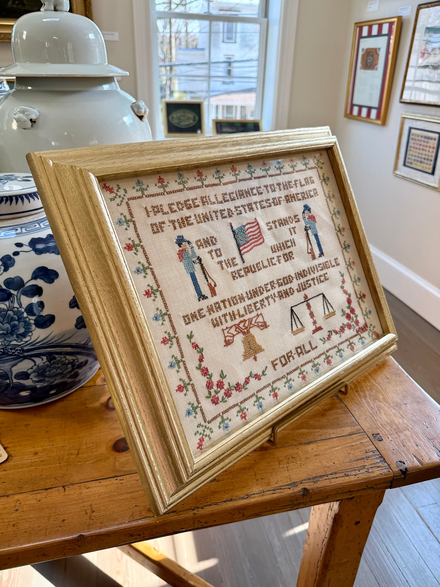 1959 Americana Pledge of Allegiance Cross Stitch Embroidery in Gold Frame