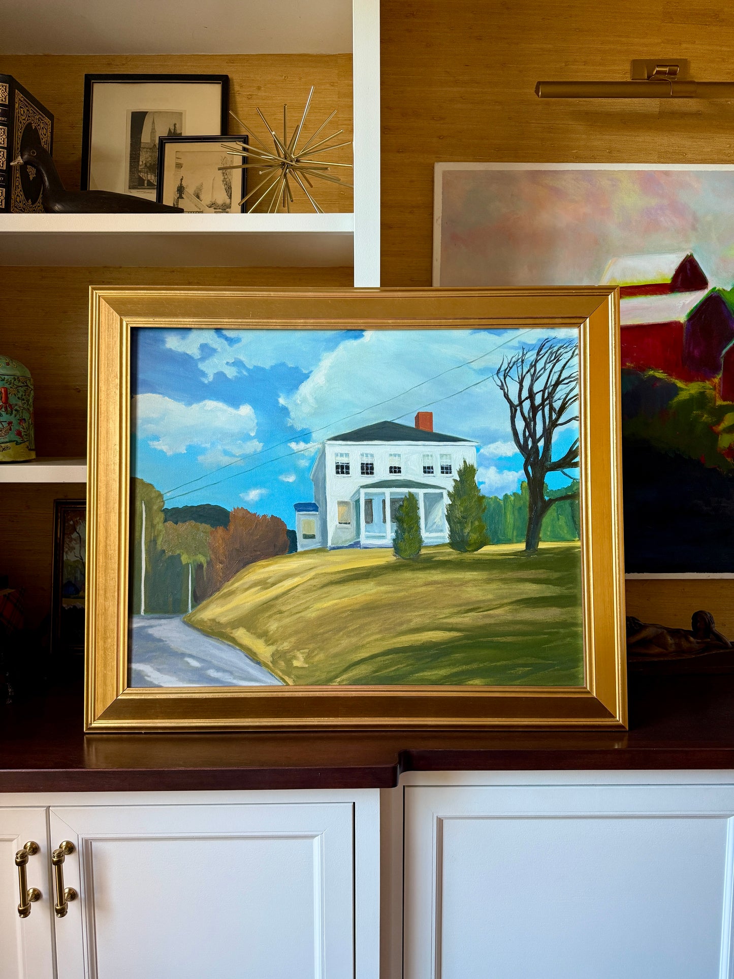 Eugene Horne March Wind White House Oil Painting in Gold Frame
