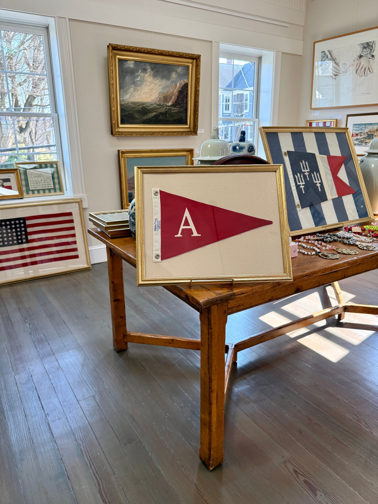 Vintage Red Canvas "A" Burgee Nautical Flag on Ivory Duck Cloth in Gold Frame
