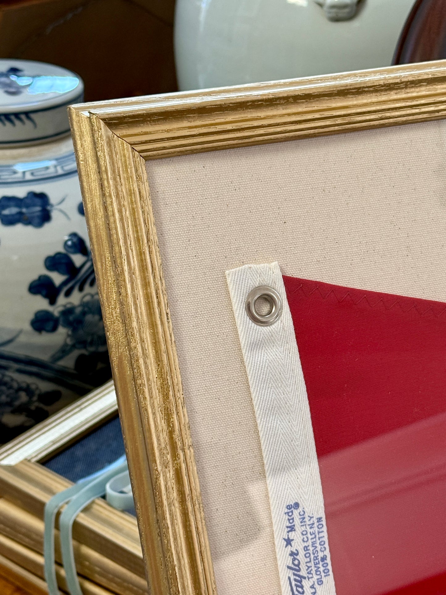 Vintage Red Canvas "A" Burgee Nautical Flag on Ivory Duck Cloth in Gold Frame