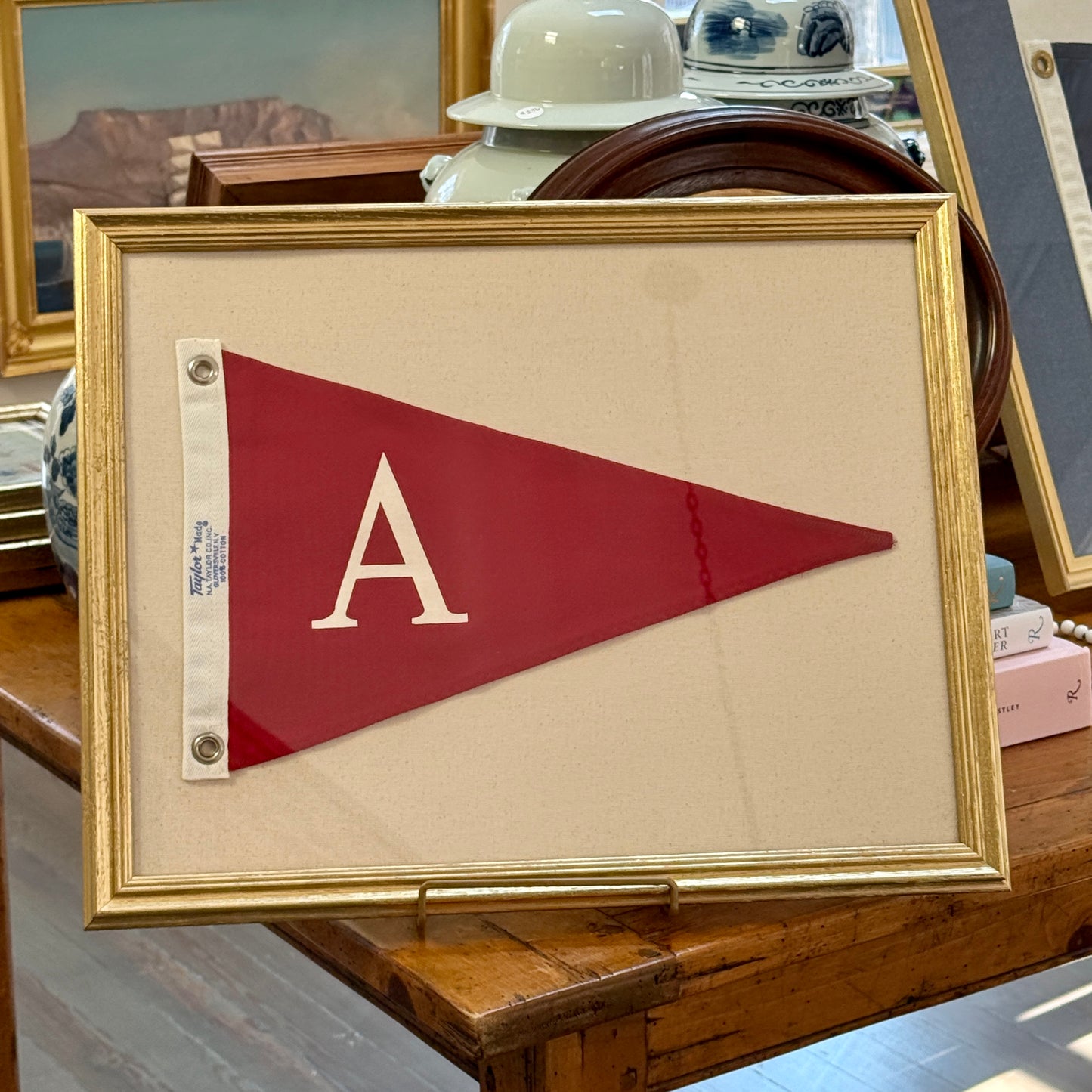 Vintage Red Canvas "A" Burgee Nautical Flag on Ivory Duck Cloth in Gold Frame