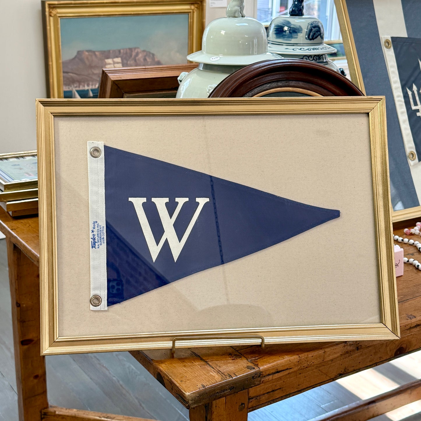 Vintage Navy Canvas "W" Burgee Nautical Flag on Ivory Duck Cloth in Gold Frame
