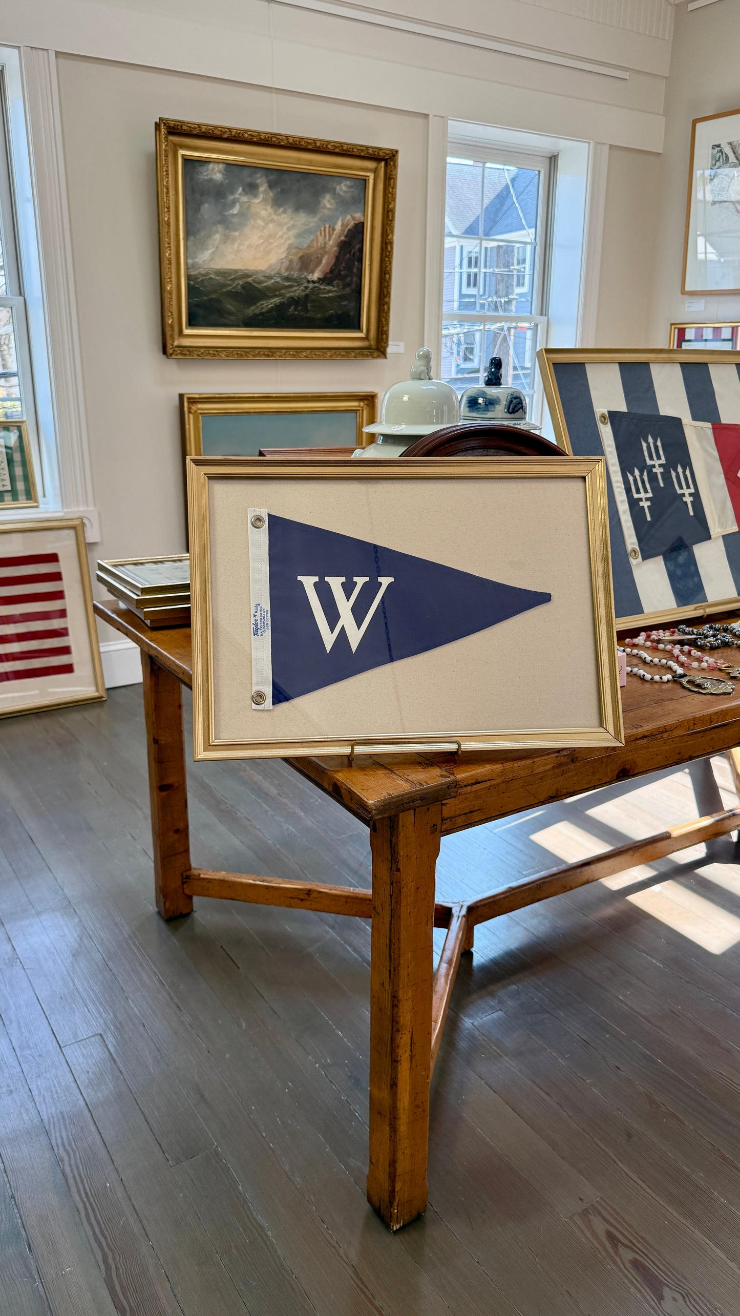 Vintage Navy Canvas "W" Burgee Nautical Flag on Ivory Duck Cloth in Gold Frame