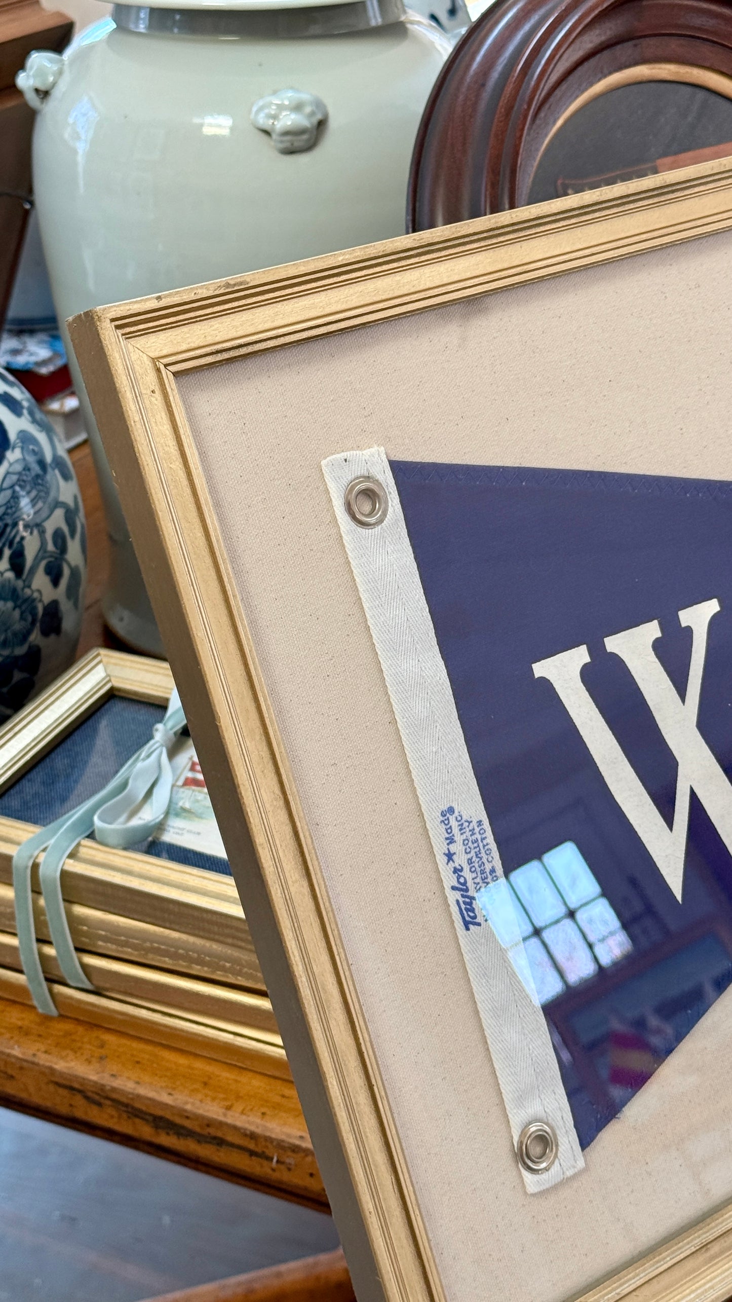 Vintage Navy Canvas "W" Burgee Nautical Flag on Ivory Duck Cloth in Gold Frame