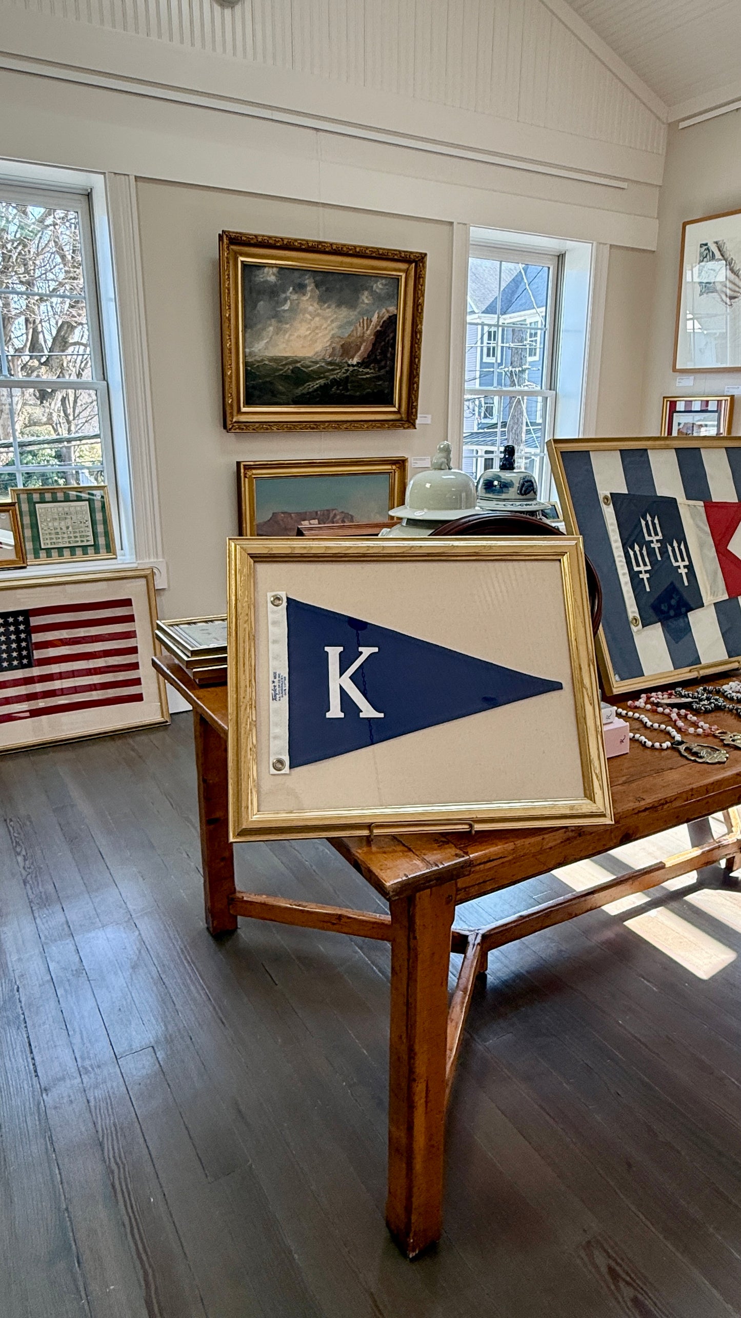Vintage Navy Canvas "K" Burgee Nautical Flag on Ivory Duck Cloth in Gold Frame