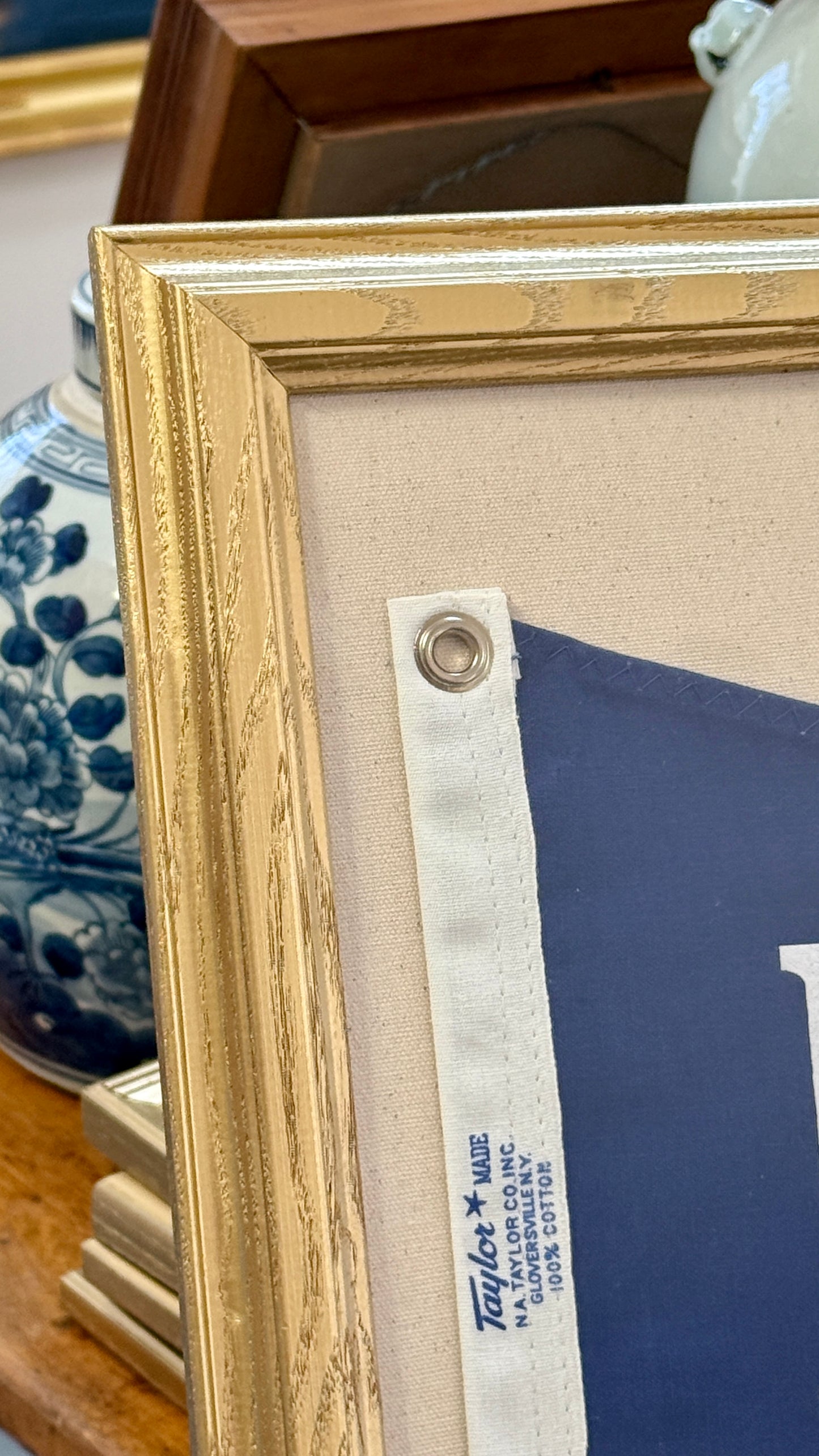 Vintage Navy Canvas "K" Burgee Nautical Flag on Ivory Duck Cloth in Gold Frame