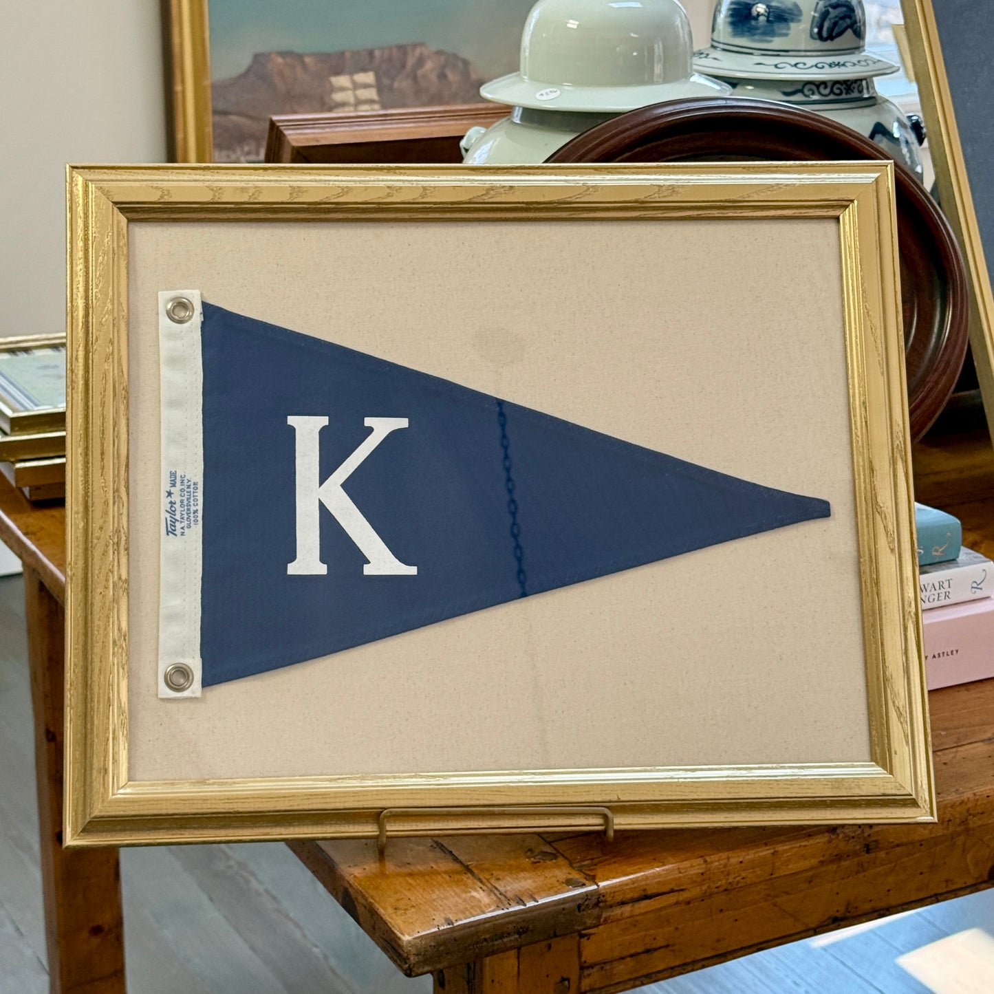 Vintage Navy Canvas "K" Burgee Nautical Flag on Ivory Duck Cloth in Gold Frame