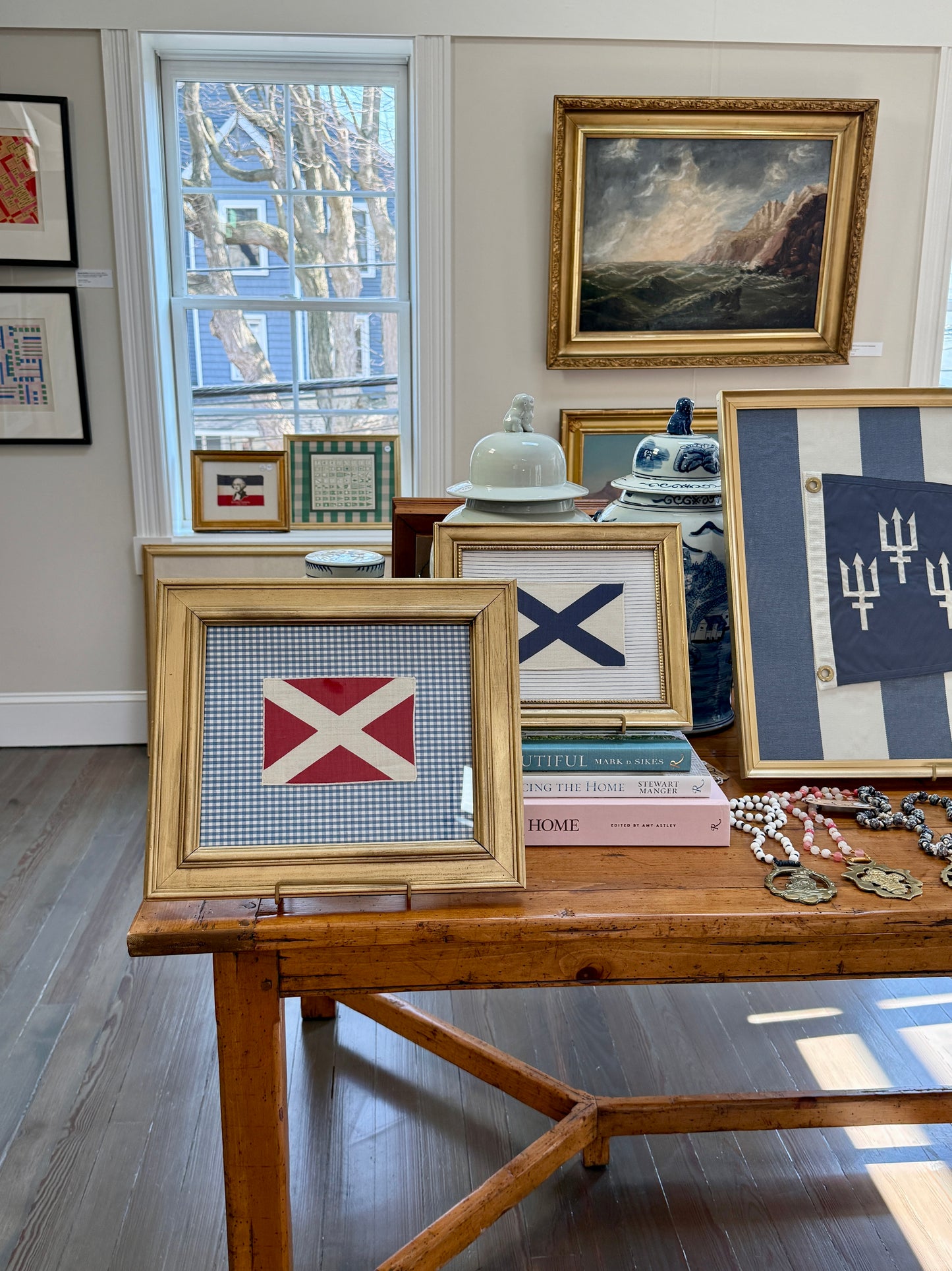 Vintage Cotton Nautical Yachting Signal Flag on Navy Stripes in Gold Frame