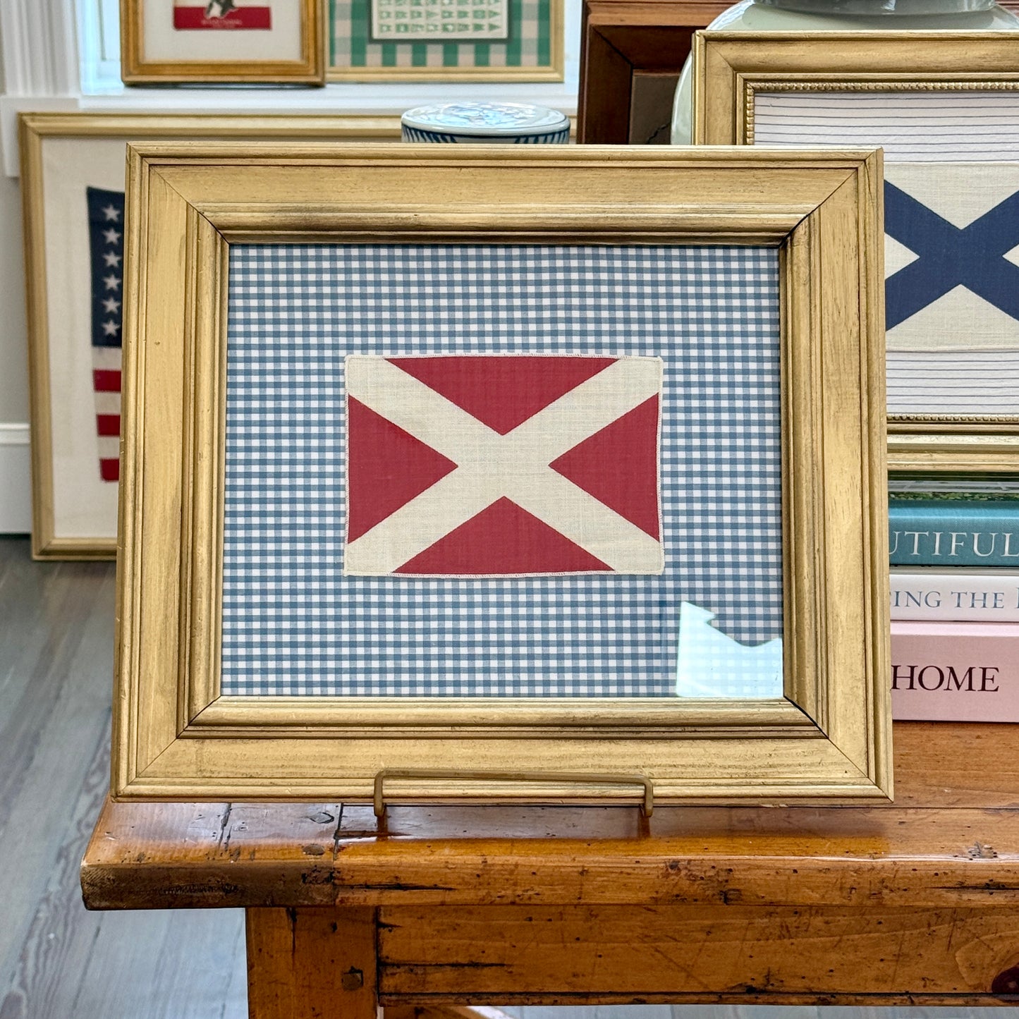 Vintage Cotton Nautical Yachting Signal Flag on Blue Gingham in Gold Frame