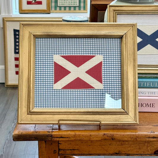 Vintage Cotton Nautical Yachting Signal Flag on Blue Gingham in Gold Frame