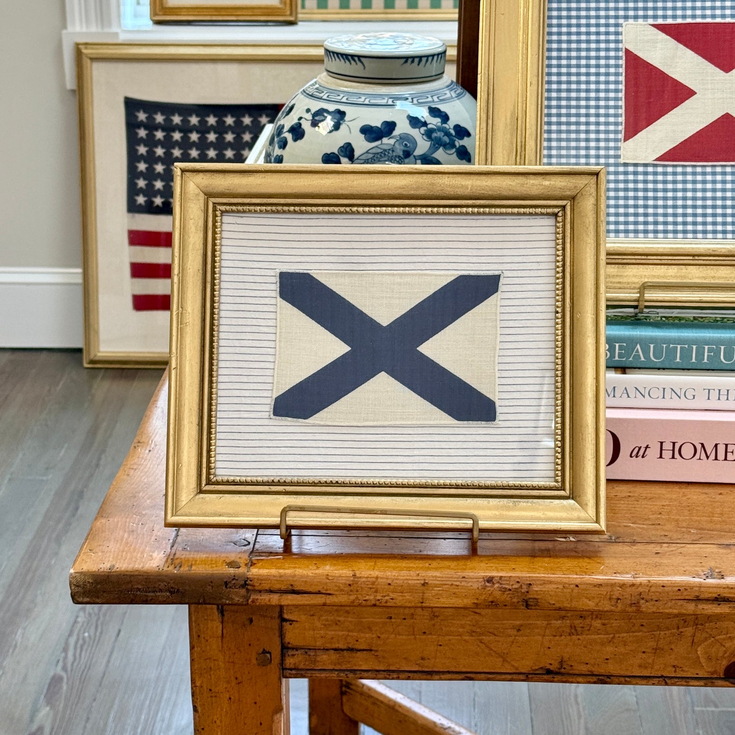 Vintage Cotton Nautical Yachting Signal Flag on Navy Stripes in Gold Frame