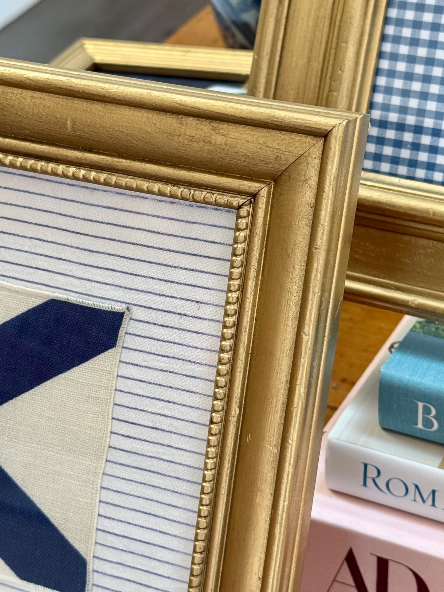 Vintage Cotton Nautical Yachting Signal Flag on Navy Stripes in Gold Frame