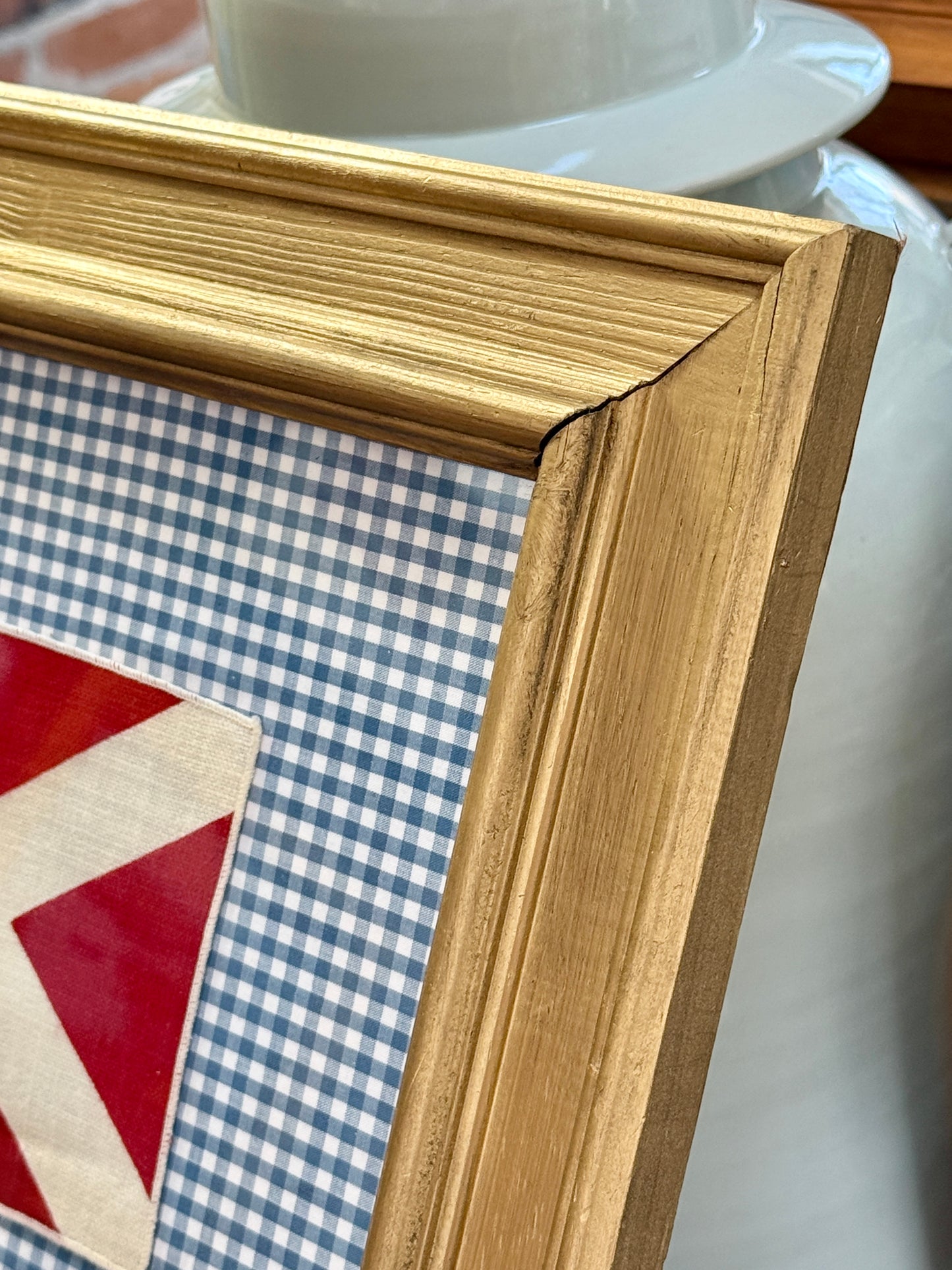 Vintage Cotton Nautical Yachting Signal Flag on Blue Gingham in Gold Frame