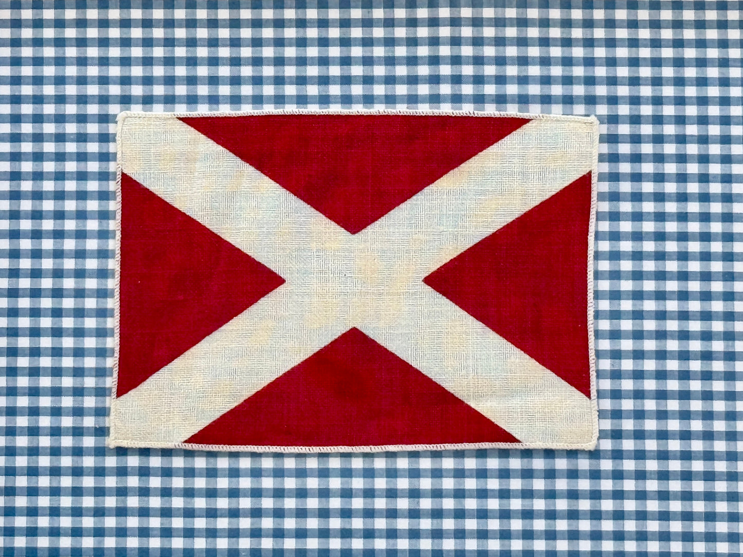 Vintage Cotton Nautical Yachting Signal Flag on Blue Gingham in Gold Frame