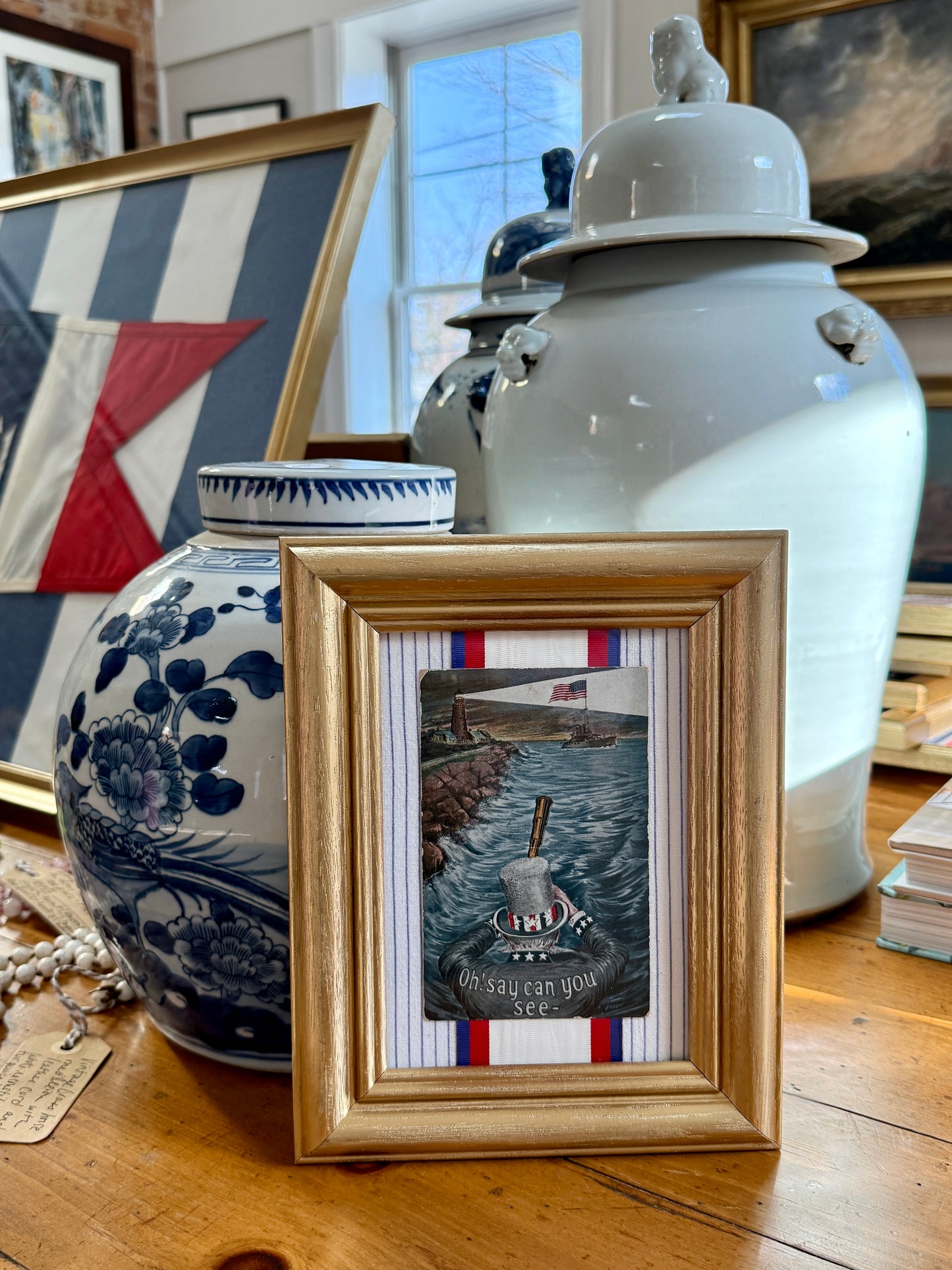 1910 Uncle Sam Oh Say Can You See Antique Postcard on Red White Blue Stripes in Gold Frame