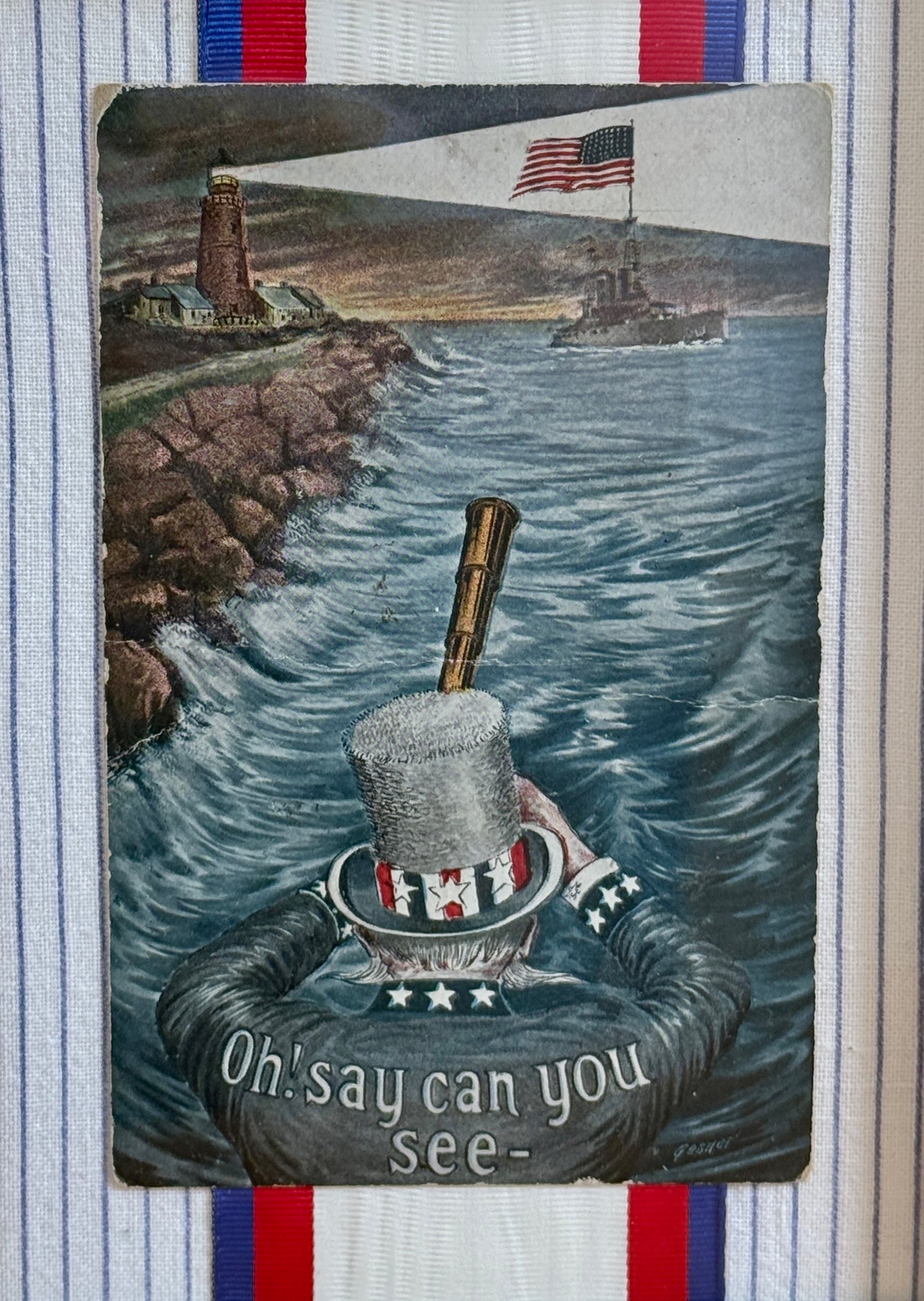1910 Uncle Sam Oh Say Can You See Antique Postcard on Red White Blue Stripes in Gold Frame