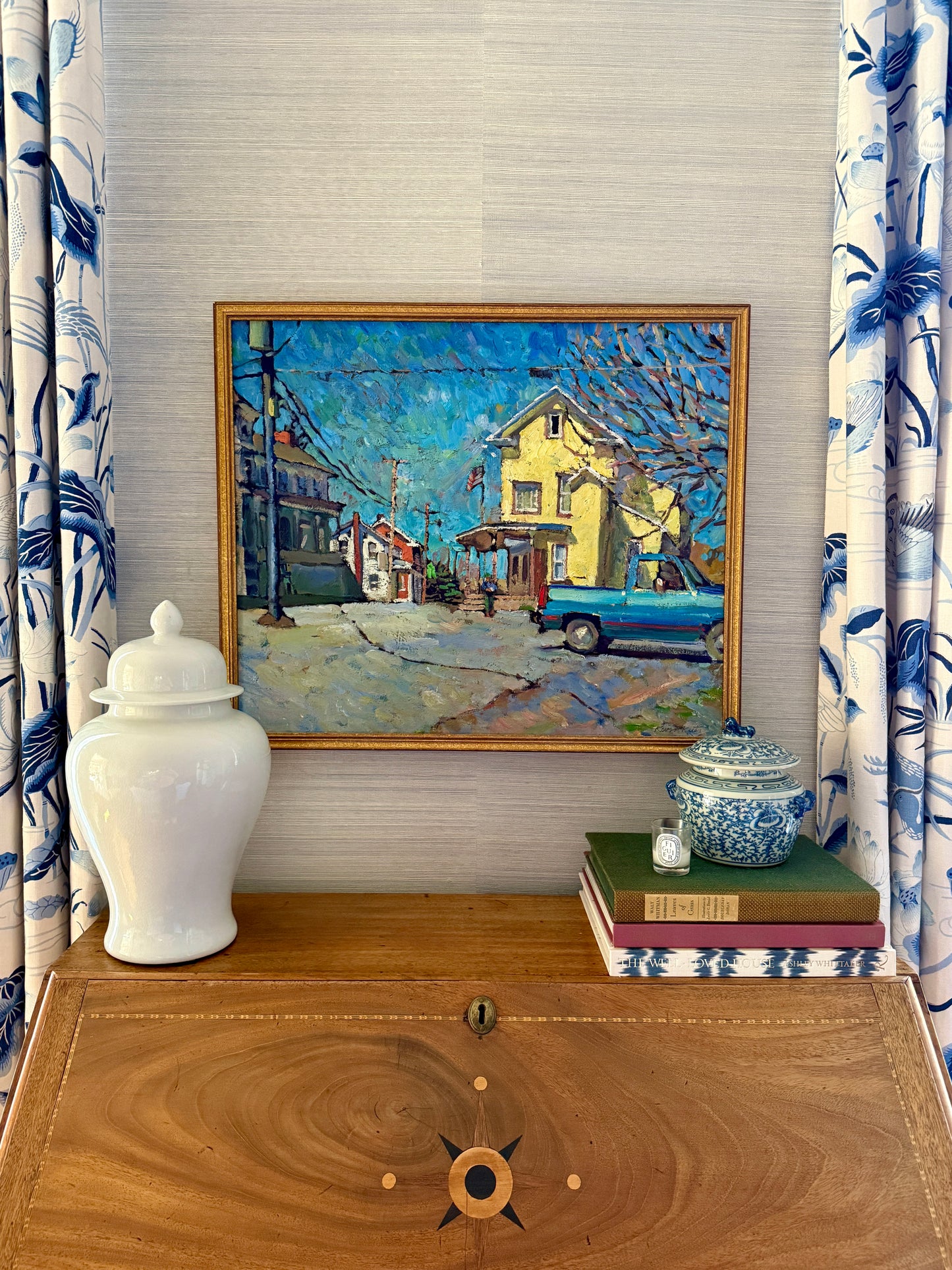Kevin Kutz American Small Town Blue Truck Oil Painting in Gold Frame