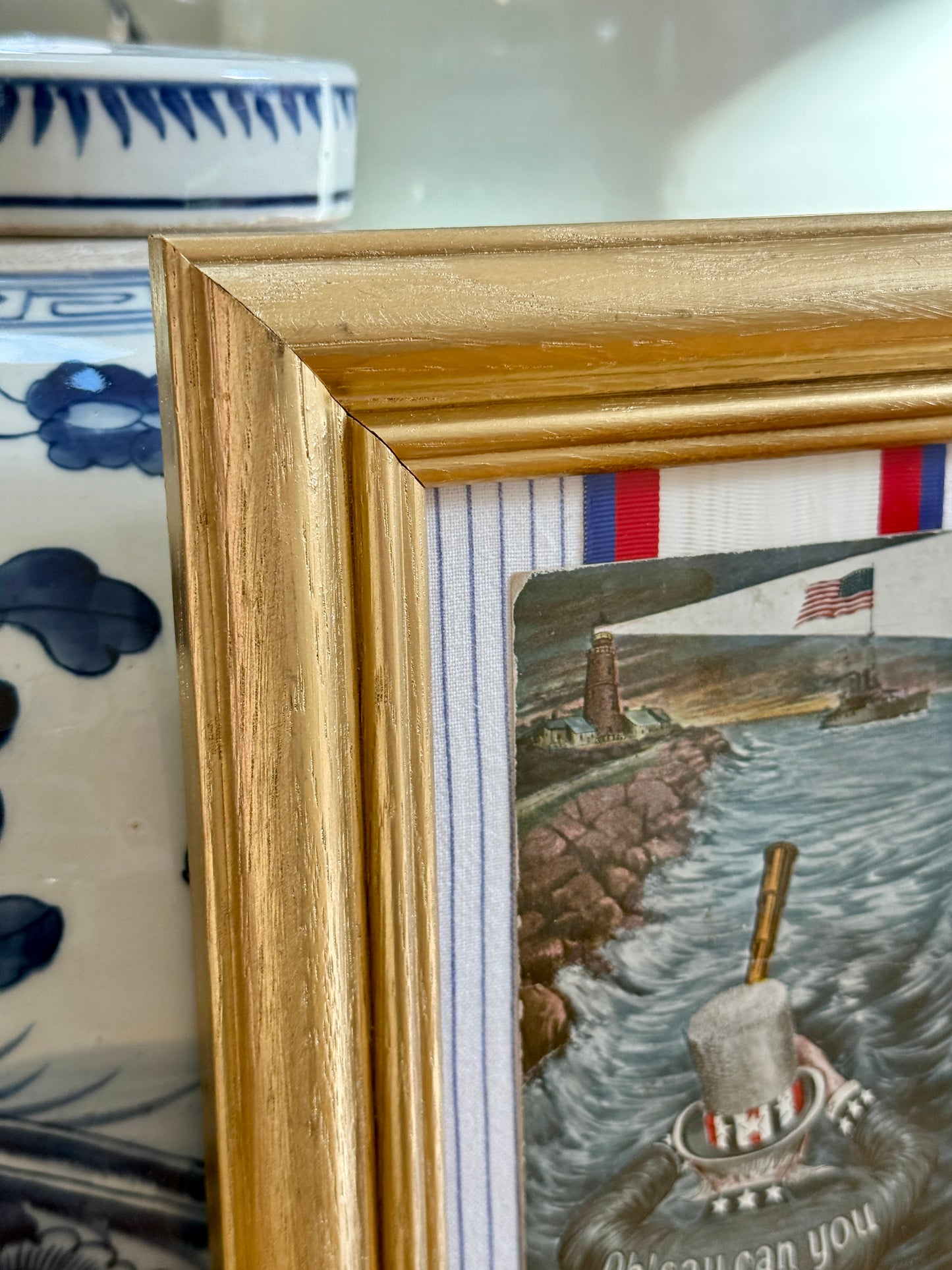 1910 Uncle Sam Oh Say Can You See Antique Postcard on Red White Blue Stripes in Gold Frame