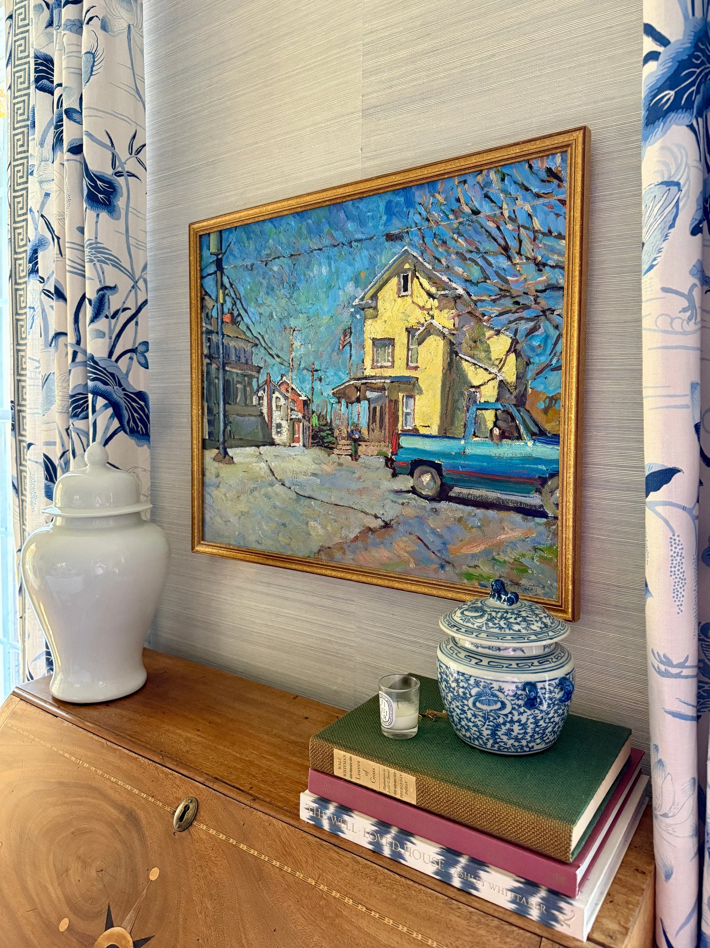 Kevin Kutz American Small Town Blue Truck Oil Painting in Gold Frame