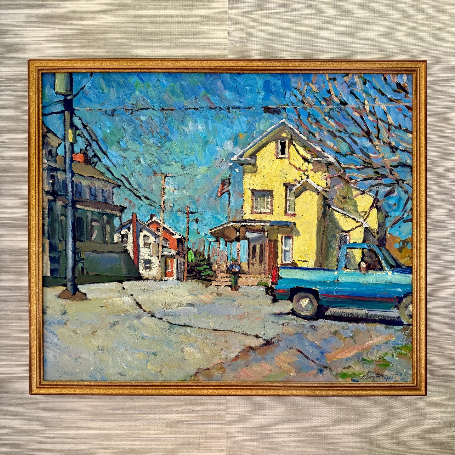 Kevin Kutz American Small Town Blue Truck Oil Painting in Gold Frame