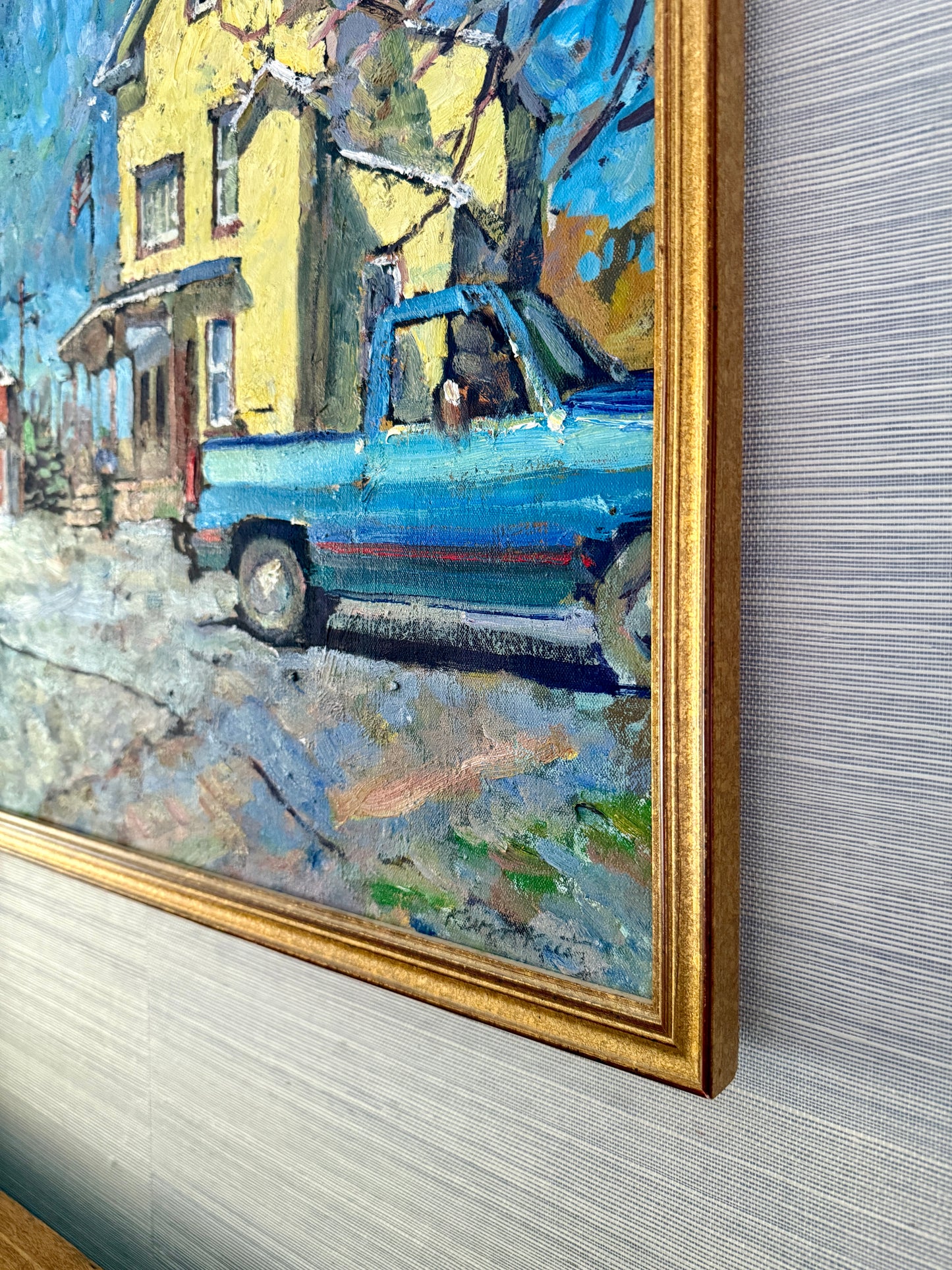 Kevin Kutz American Small Town Blue Truck Oil Painting in Gold Frame