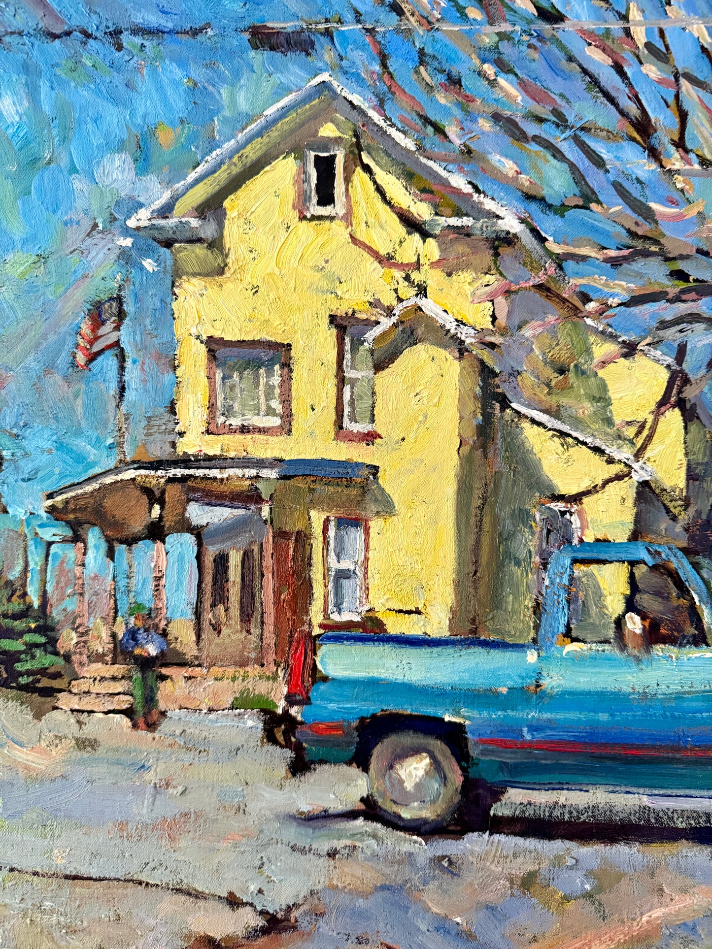 Kevin Kutz American Small Town Blue Truck Oil Painting in Gold Frame