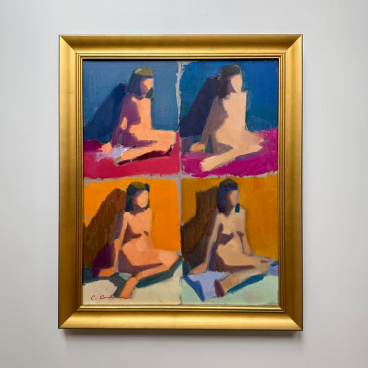 Vintage Colorful Expressionist Female Nude Studies Painting in Gold Frame