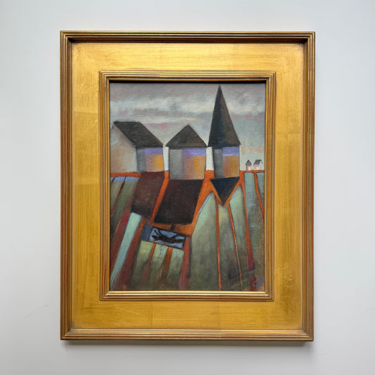 Nancy Catallo Expressionist Landscape with Fox Oil Painting in Gold Frame