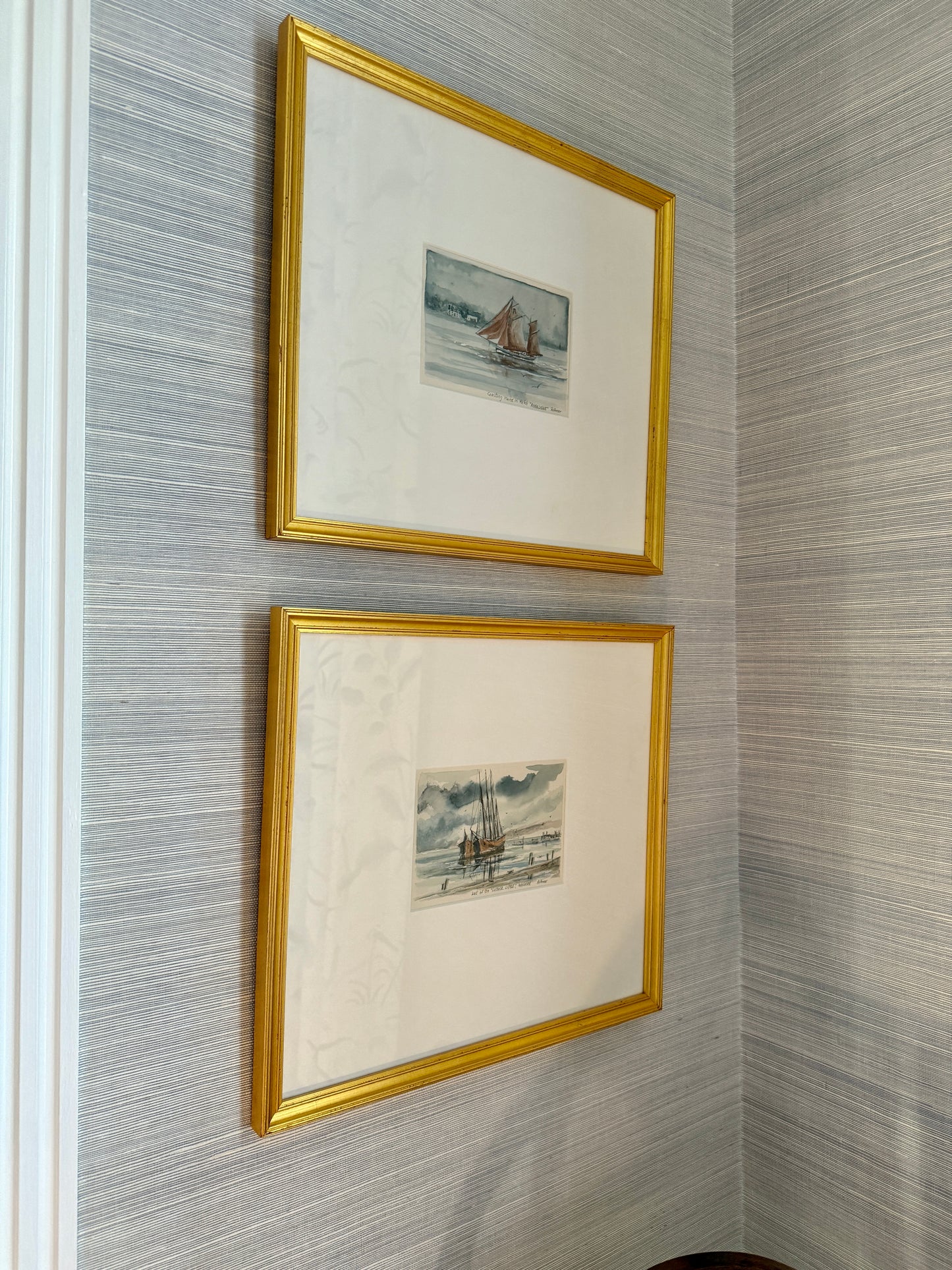 Set of Two Ray Prosser Sailboat Portrait Watercolor Paintings in Gold Frames