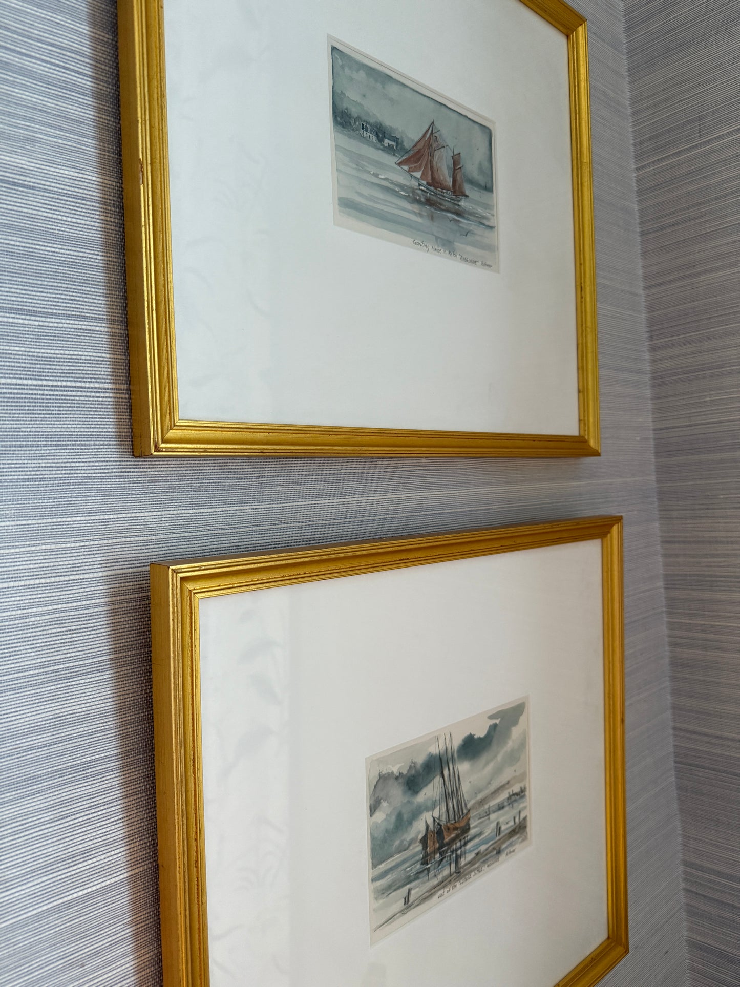 Set of Two Ray Prosser Sailboat Portrait Watercolor Paintings in Gold Frames