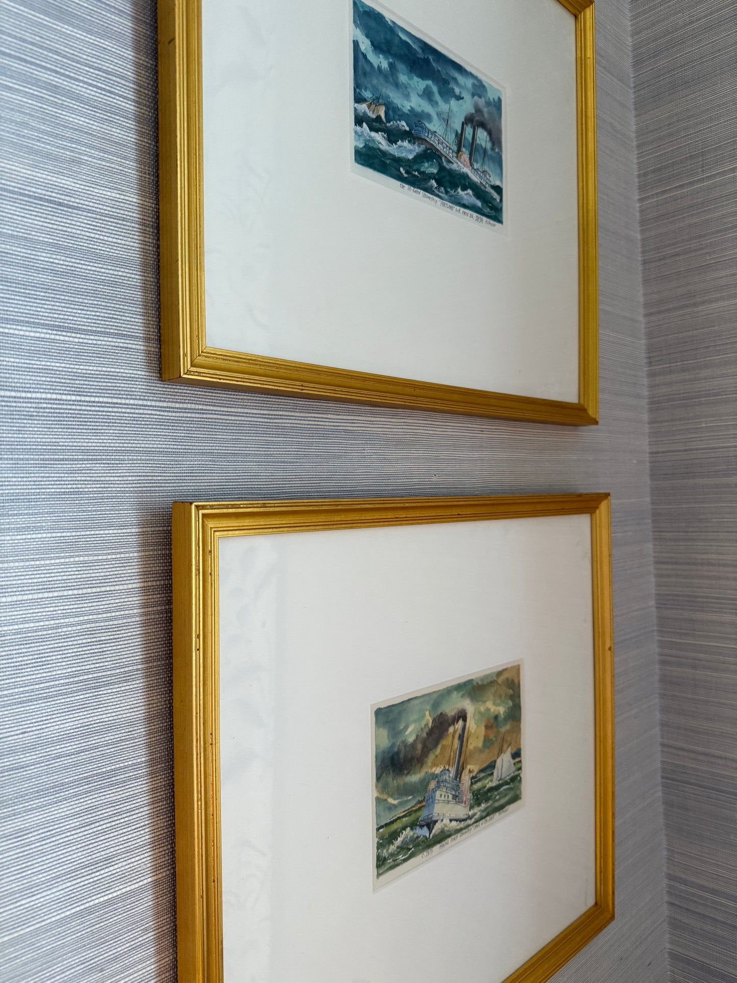 Set of Two Ray Prosser New England Steamship Portrait Watercolor Paintings in Gold Frames