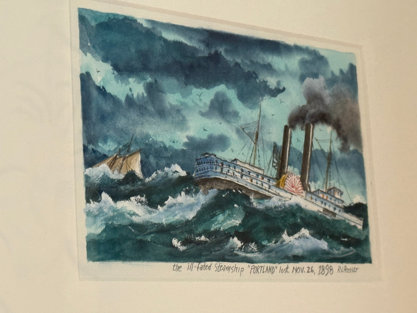 Set of Two Ray Prosser New England Steamship Portrait Watercolor Paintings in Gold Frames