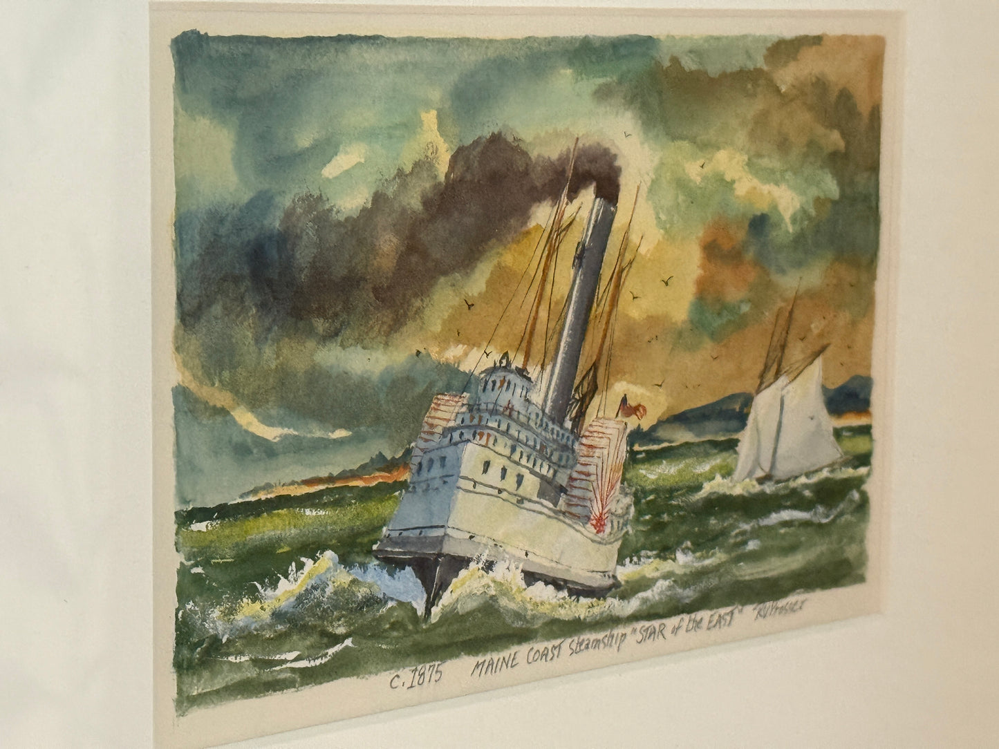 Set of Two Ray Prosser New England Steamship Portrait Watercolor Paintings in Gold Frames