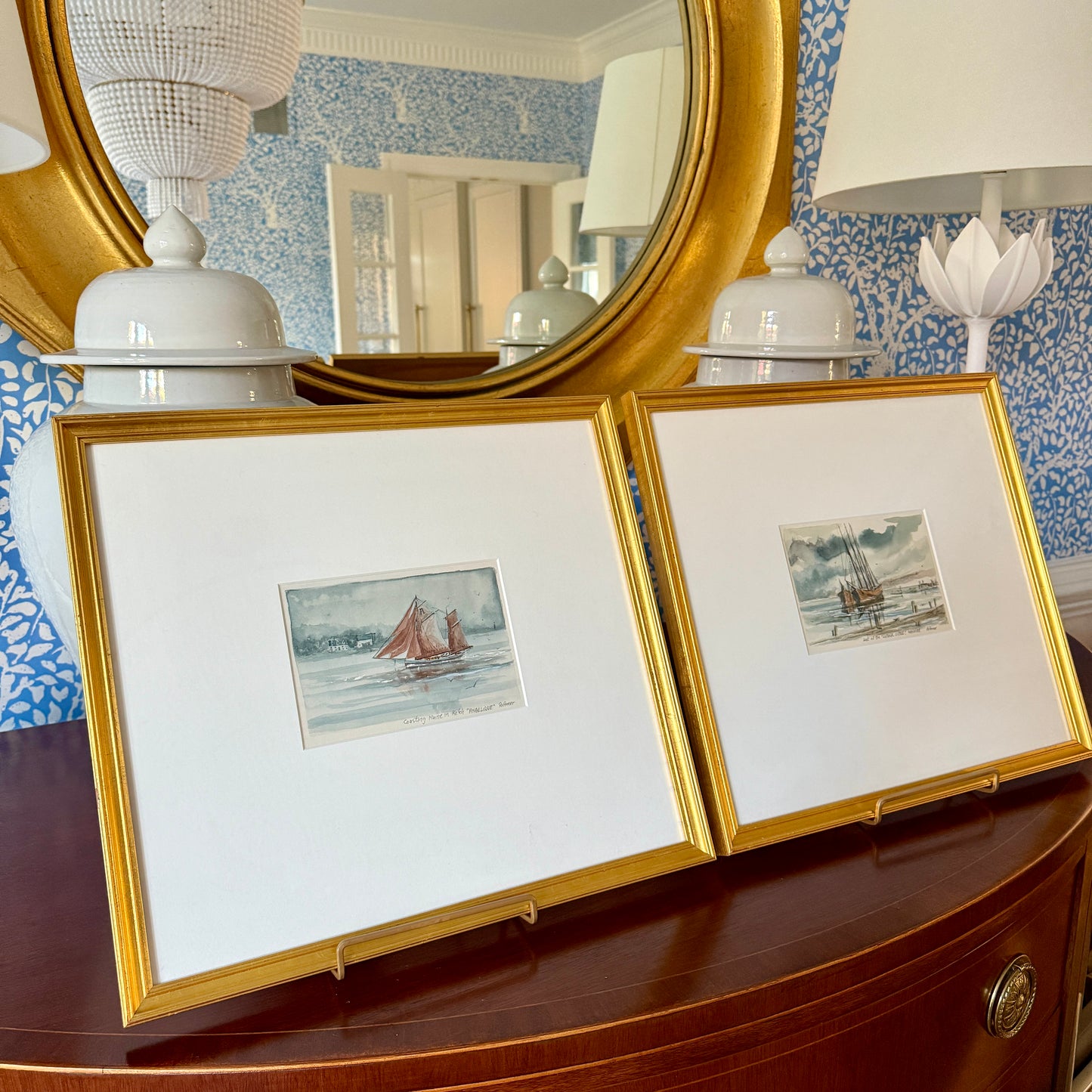 Set of Two Ray Prosser Sailboat Portrait Watercolor Paintings in Gold Frames