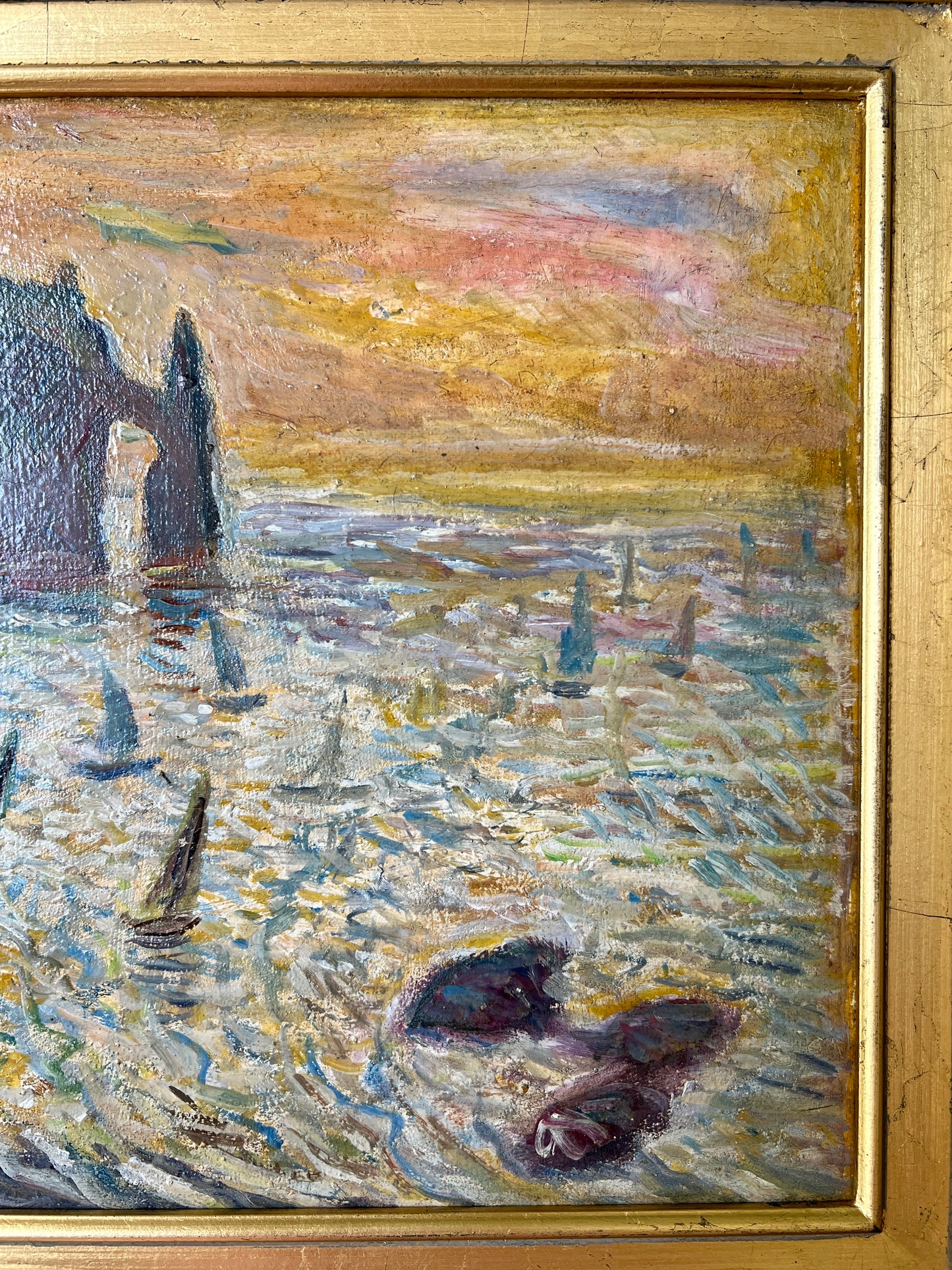 Vintage Regatta at the White Cliffs of Etretat Normandy, France Oil Painting in Gold Frame