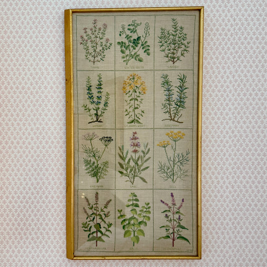 Vintage Herb Sampler Needlepoint on Linen in Gold Frame