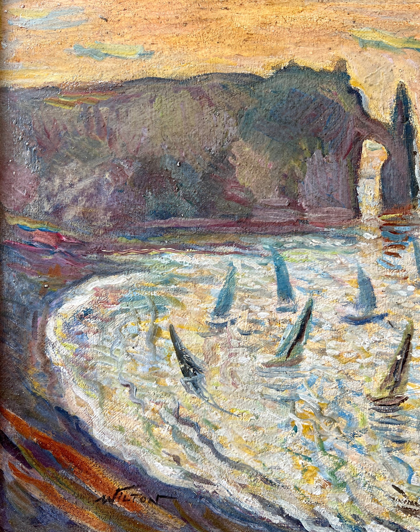 Vintage Regatta at the White Cliffs of Etretat Normandy, France Oil Painting in Gold Frame