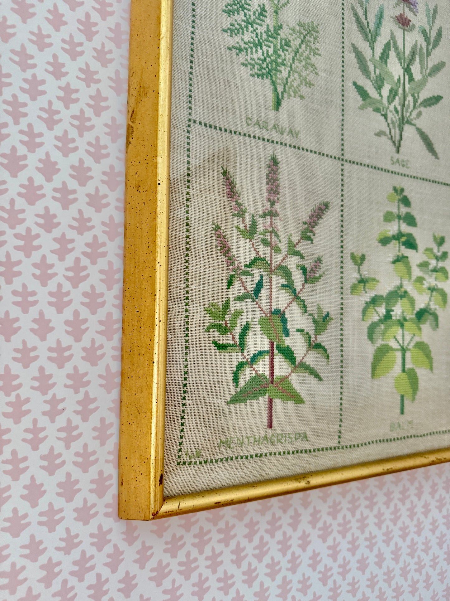Vintage Herb Sampler Needlepoint on Linen in Gold Frame
