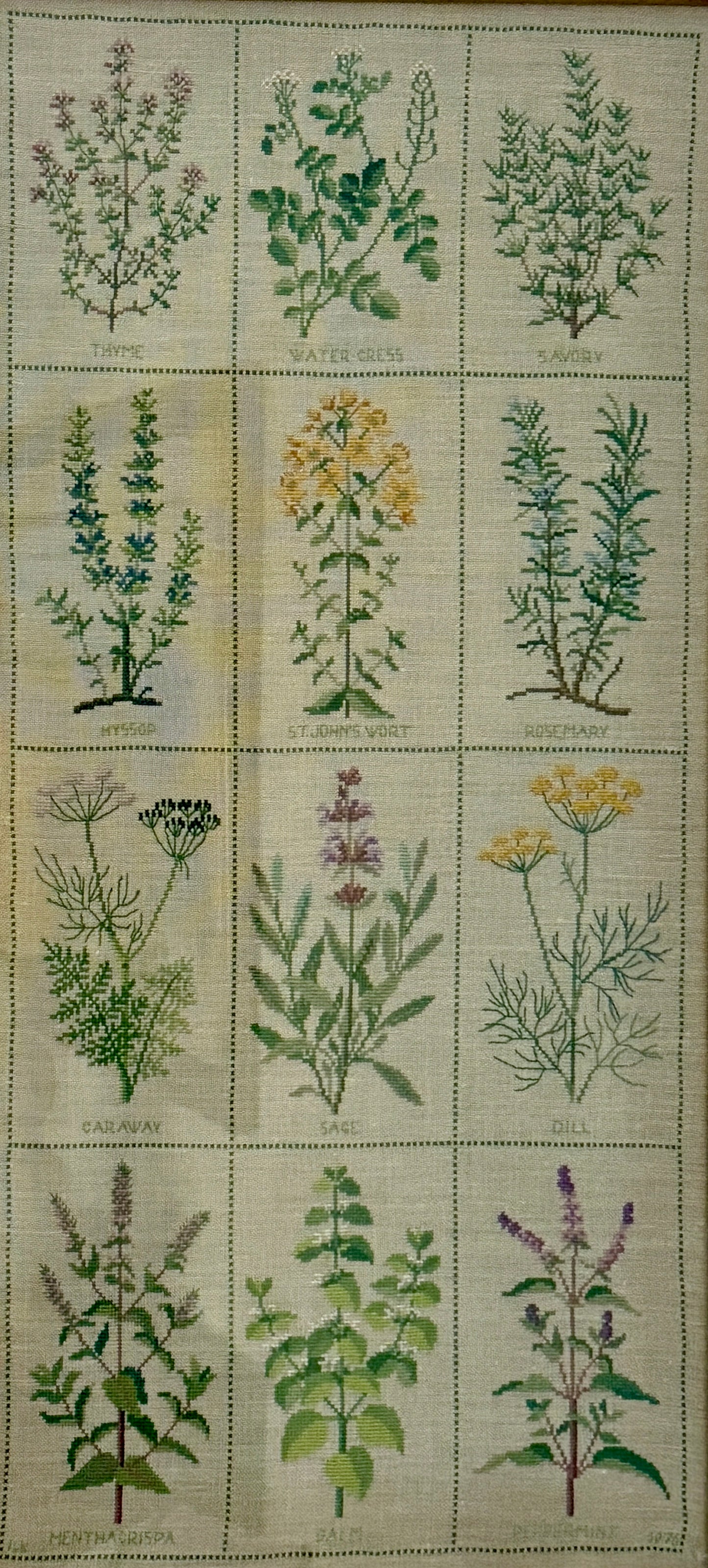 Vintage Herb Sampler Needlepoint on Linen in Gold Frame