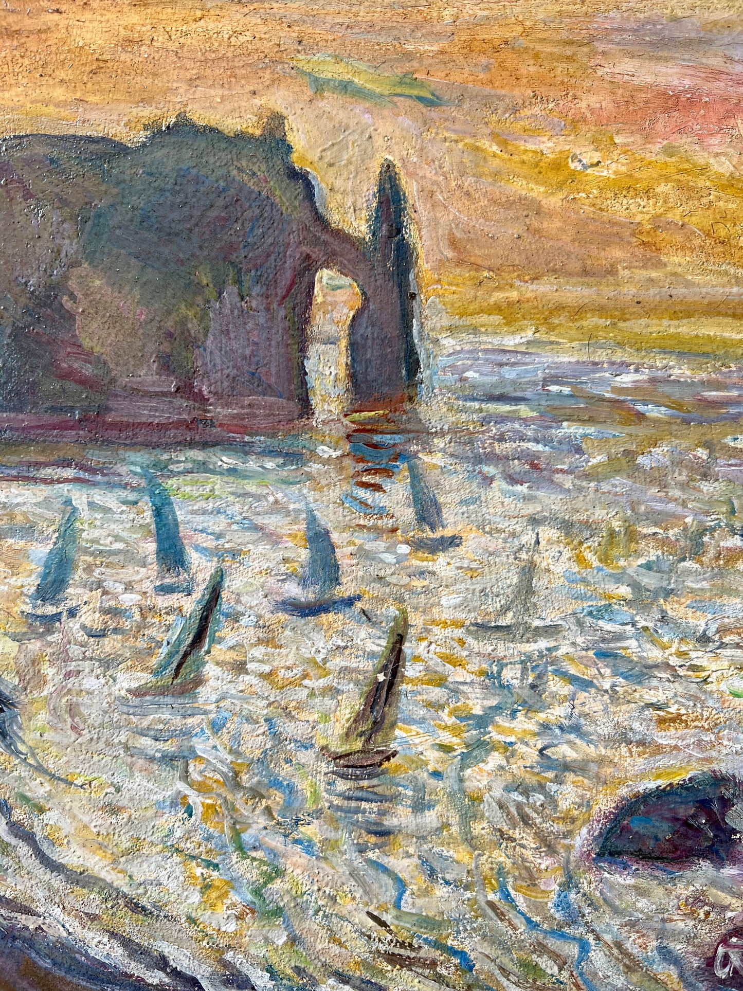 Vintage Regatta at the White Cliffs of Etretat Normandy, France Oil Painting in Gold Frame