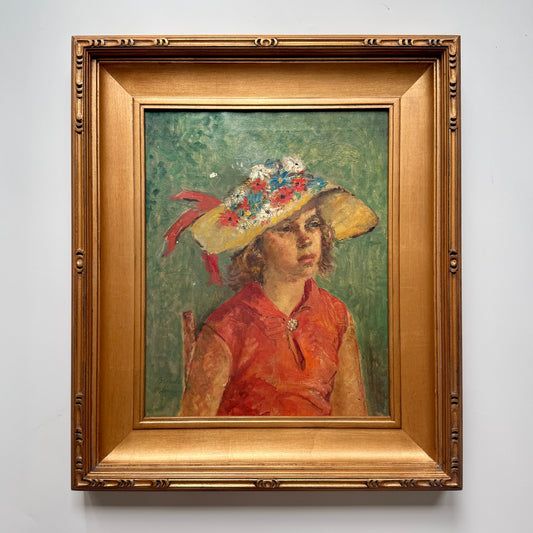 Blanche Rothschild Portrait of Maria Girl in Flowered Sun Hat Oil Painting in Large Gold Frame